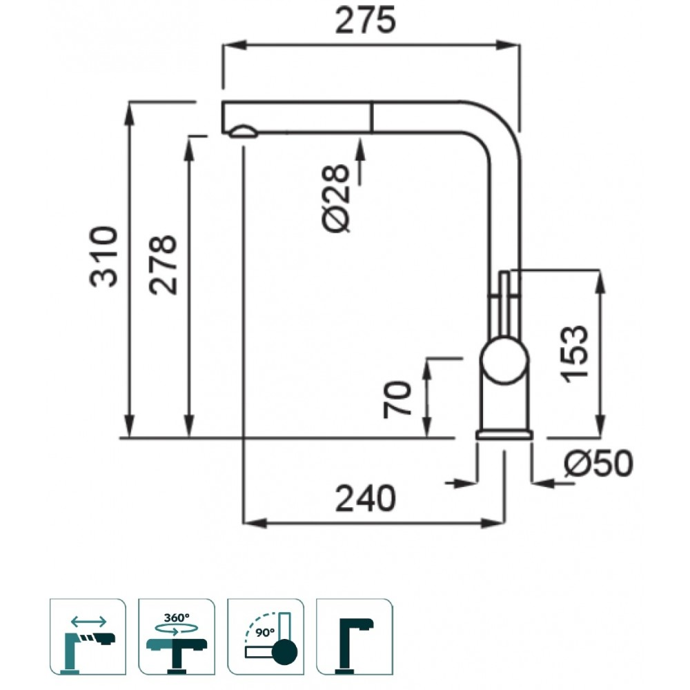 Disegno tecnico di un rubinetto con dimensioni e simboli di movimento.