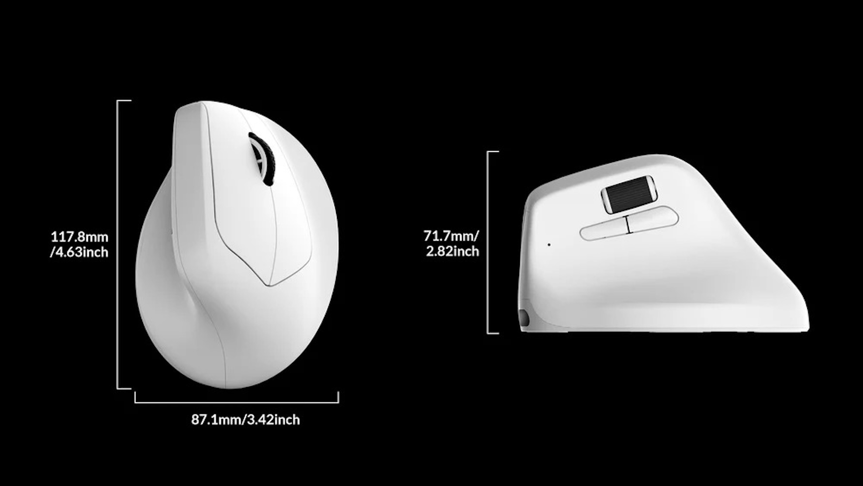Biała mysz ergonomiczna pokazana z boku i od góry z wymiarami.