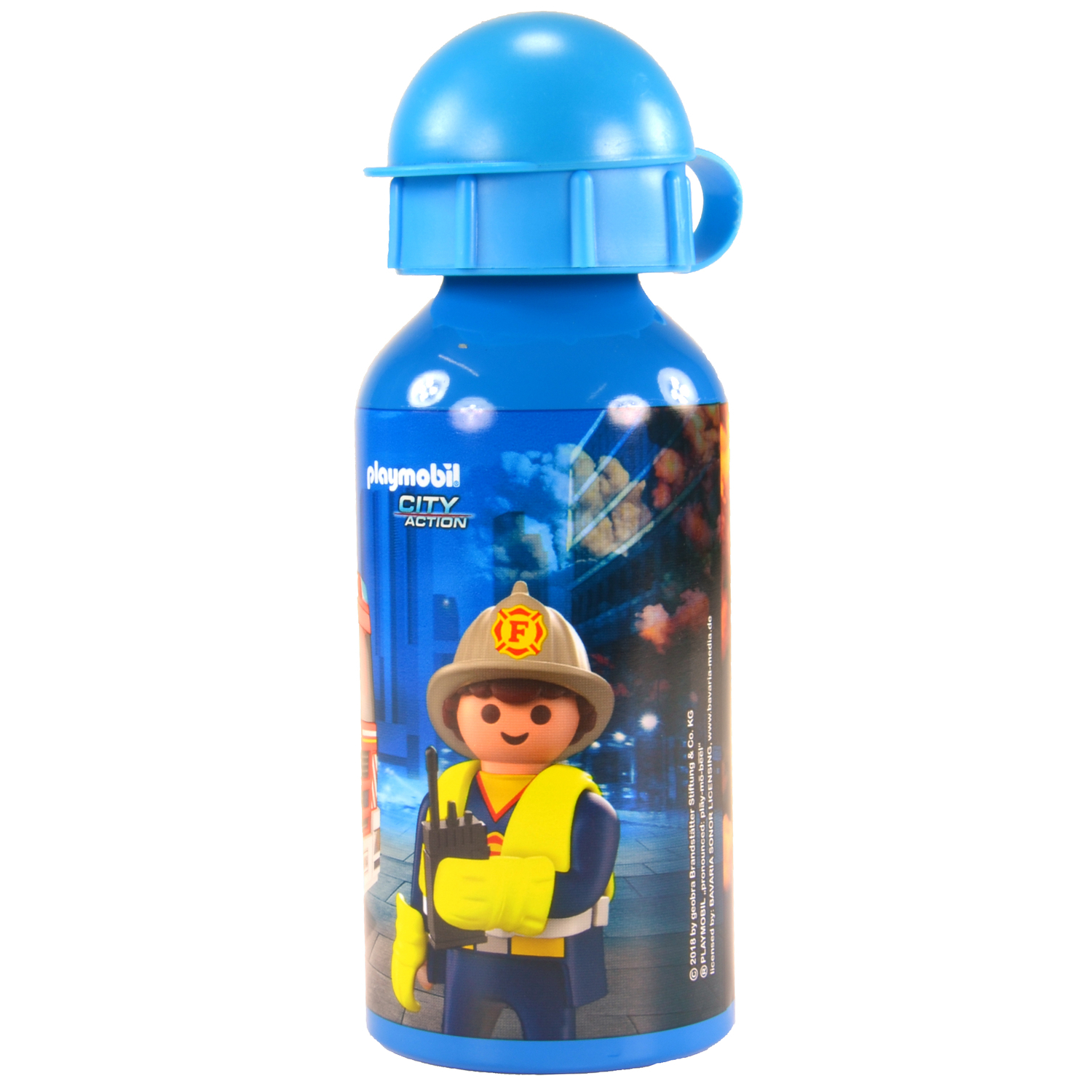 Blaue Playmobil Trinkflasche mit Feuerwehrmann-Motiv und blauem Verschluss.