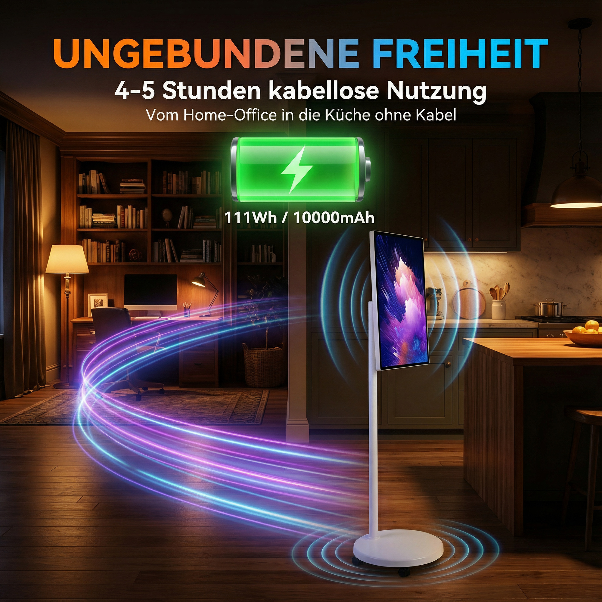 Ein Bildschirm steht in einer Küche, mit Linien, die Energie von einem Büro anzeigen.