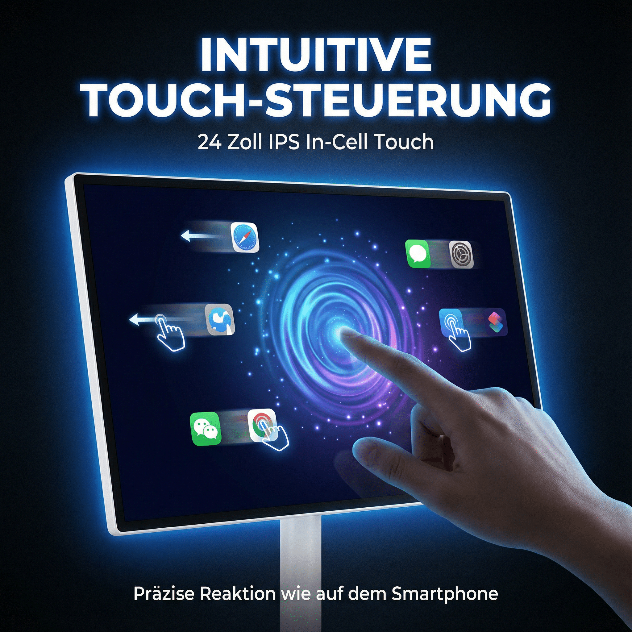 Ein Finger berührt einen Touchscreen mit App-Symbolen und einem Wirbel-Effekt.