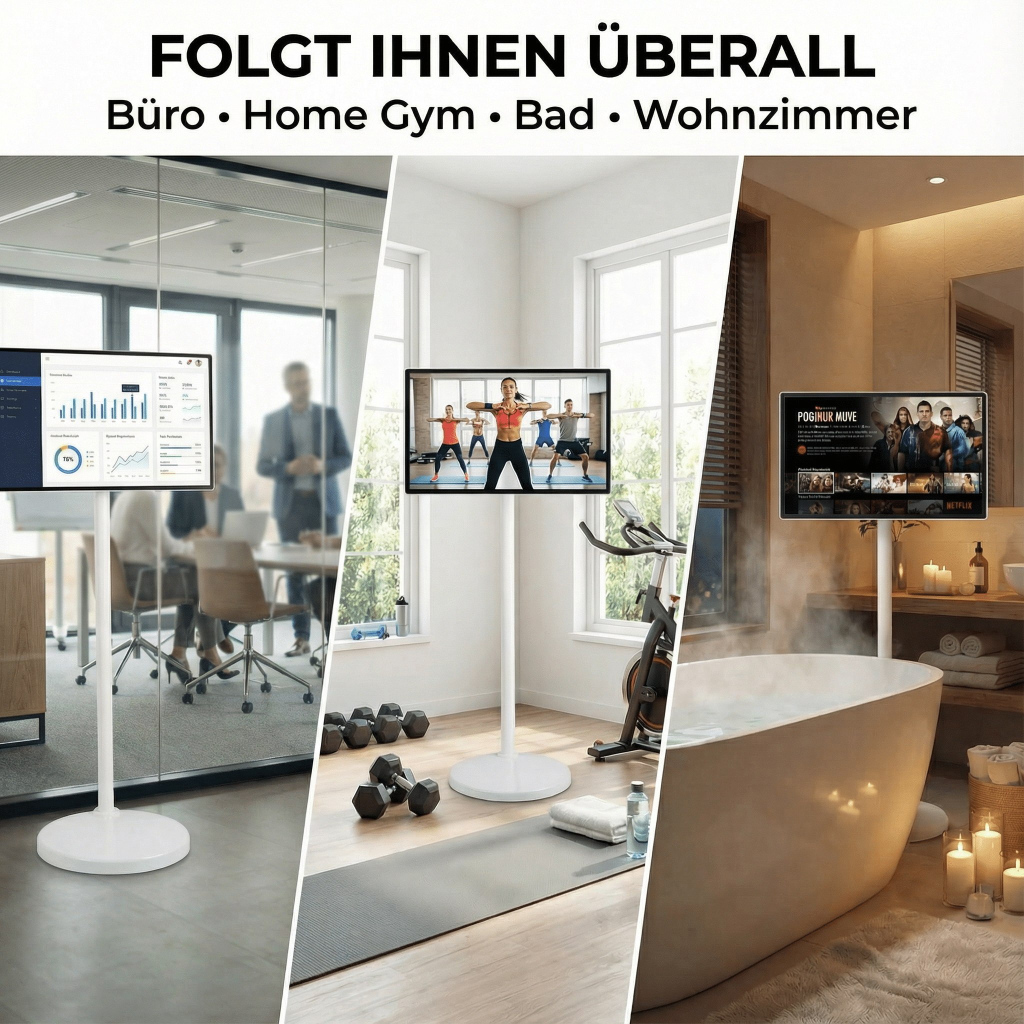 Ein Fernseher steht in drei Szenen: Büro, Fitnessstudio und Badezimmer.