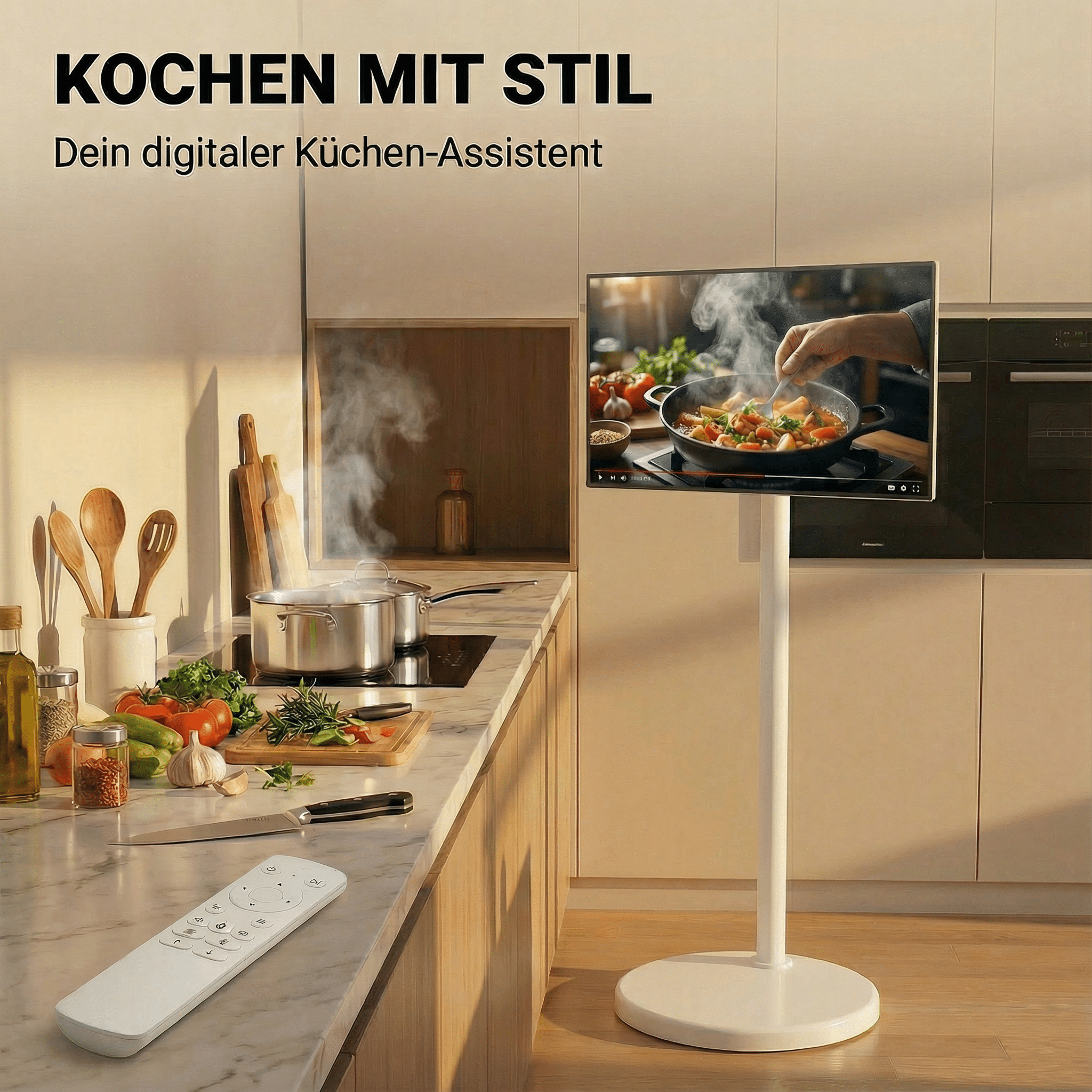 Moderne Küche mit einem Fernseher, der ein Kochvideo zeigt. Zutaten sind auf der Arbeitsplatte.