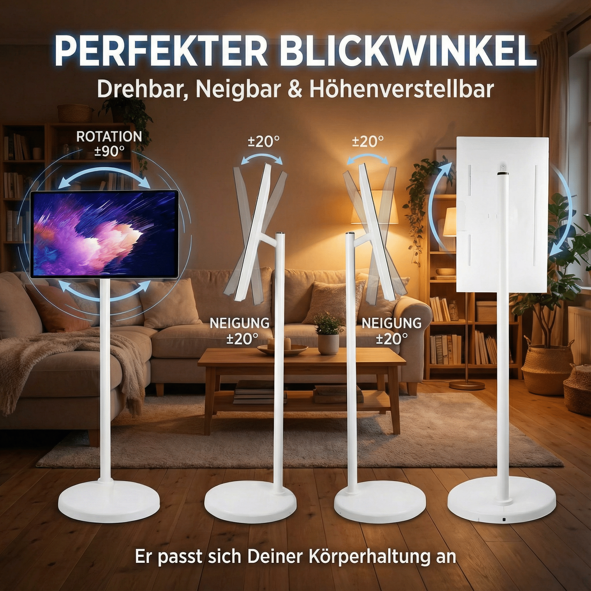 Ein weißer TV-Ständer mit drehbarem, neigbarem Bildschirm in einem Wohnzimmer.