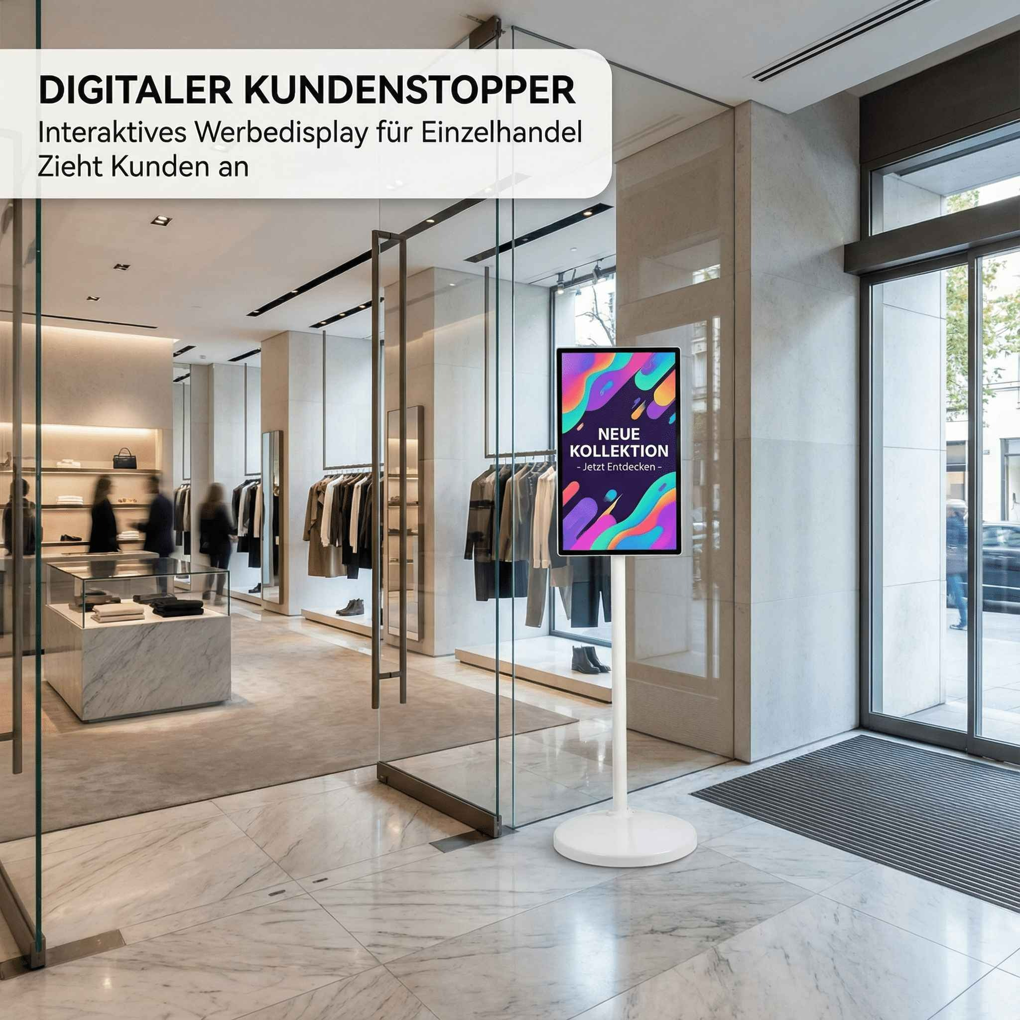 Digitaler Kundenstopper mit bunter Werbung in einem modernen Geschäft.