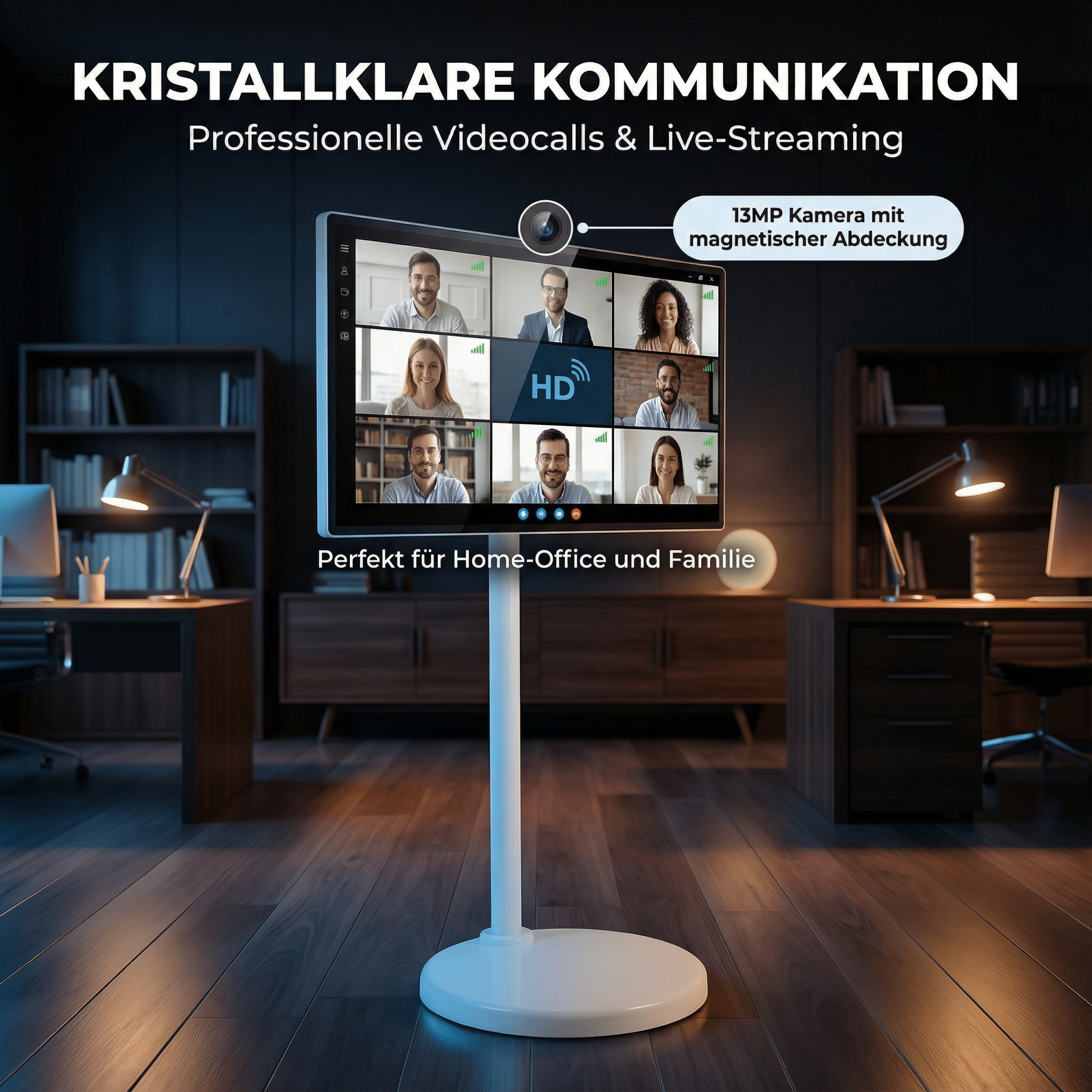 Ein Bildschirm zeigt sechs Personen in Videocalls. Beschriftung: Kristallklare Kommunikation.