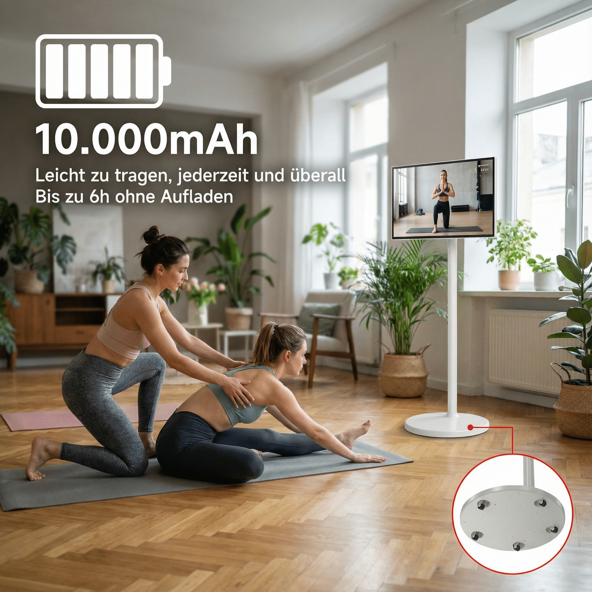 Zwei Frauen machen Yoga vor einem Fernseher, der ein Workout zeigt.