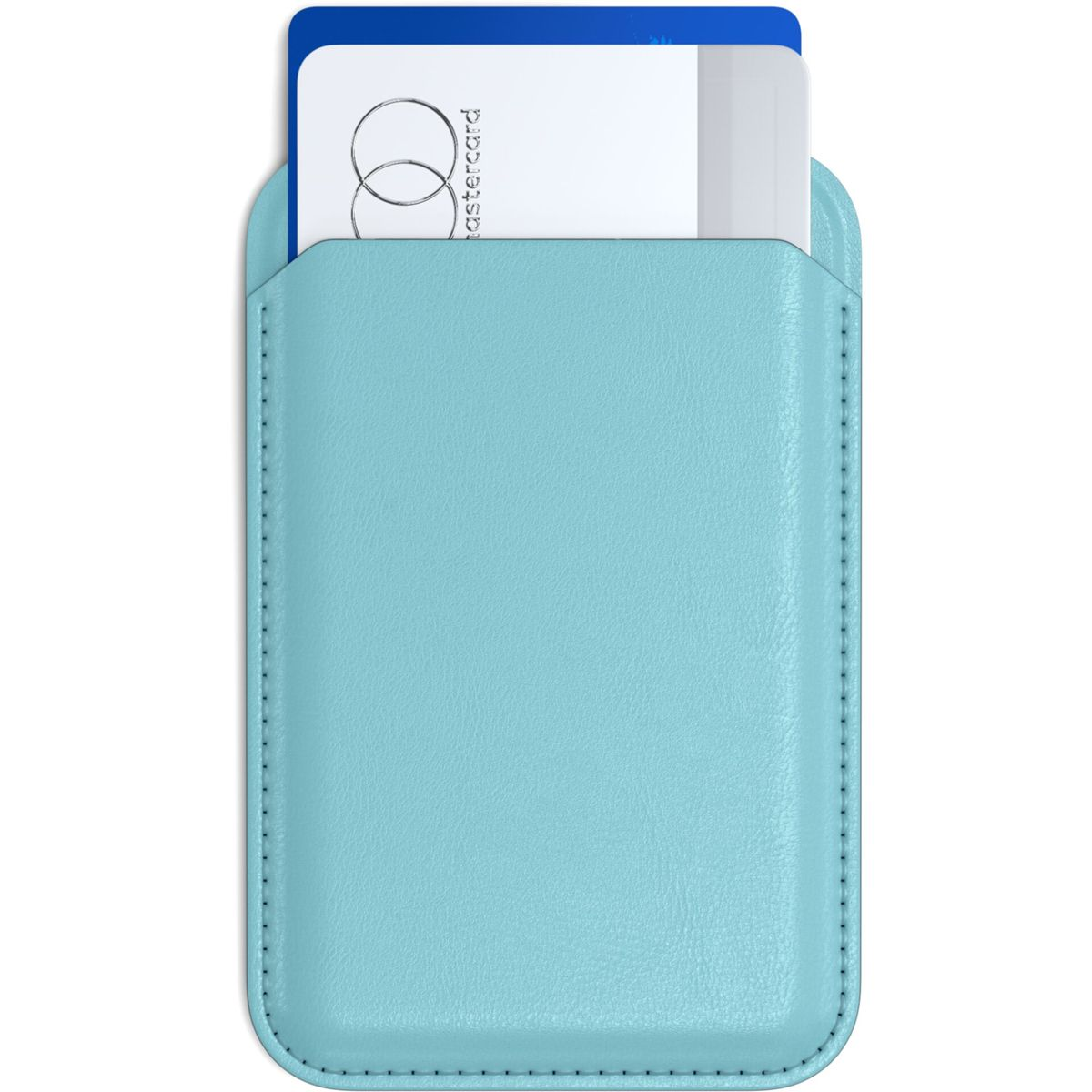 Portacarte azzurro in pelle con una Mastercard all'interno.