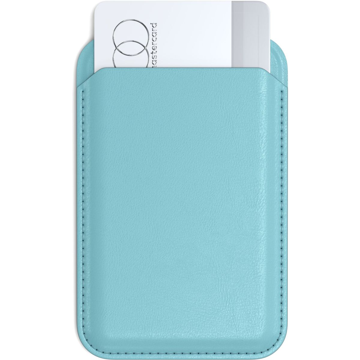 Portatessere in pelle azzurro con Mastercard bianca all'interno.