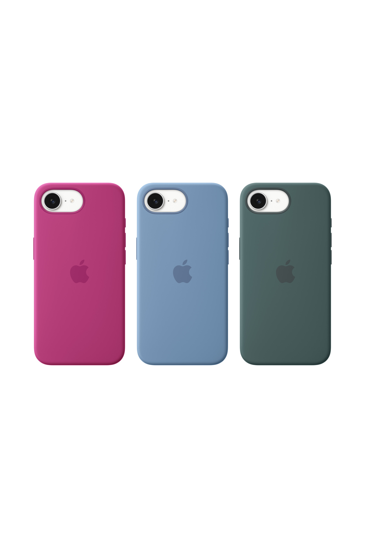 Pembe, mavi ve yeşil renkte, her birinde Apple logosu bulunan üç iPhone kılıfı.