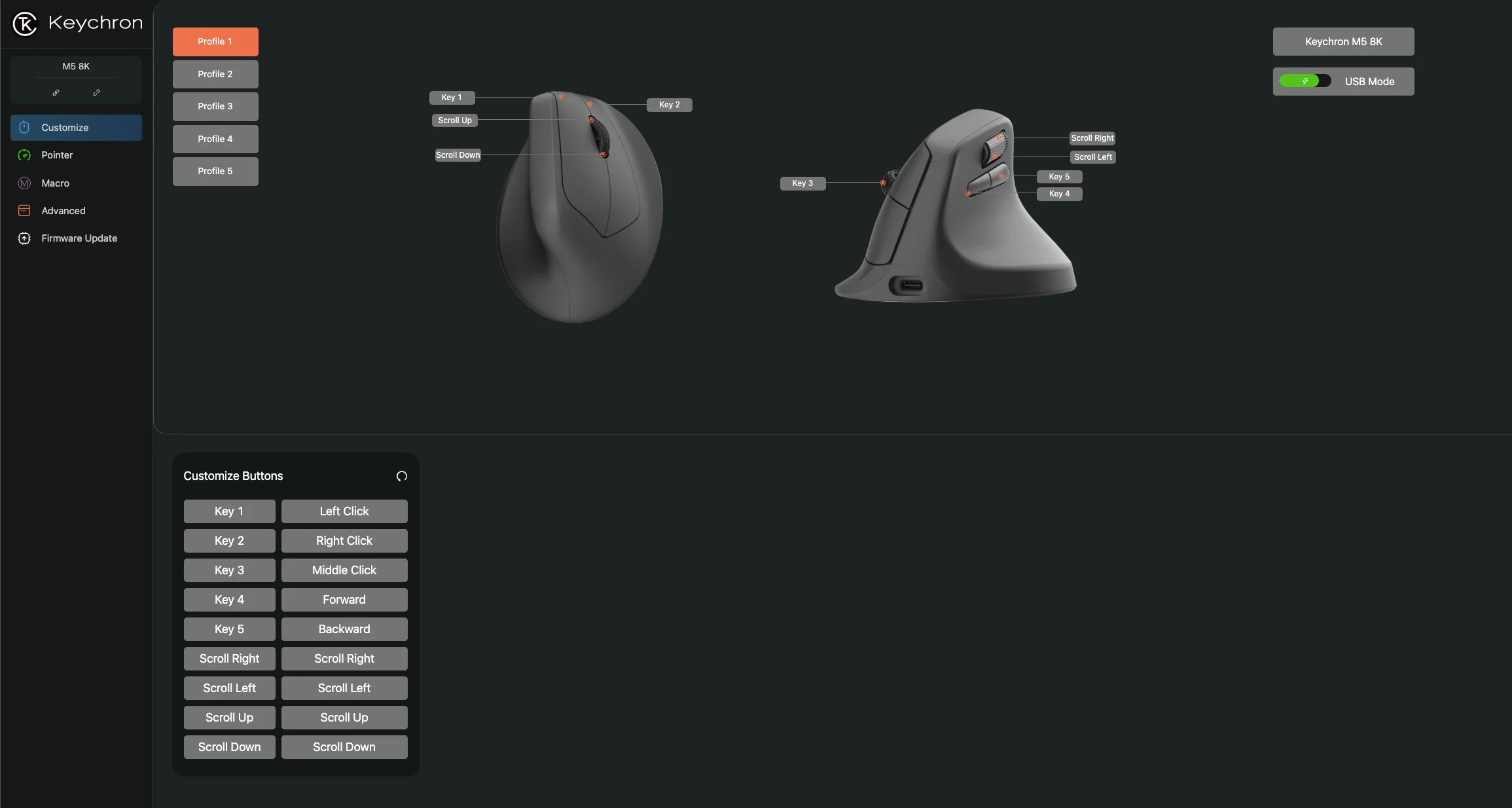 Interfejs oprogramowania Keychron M5 8K pokazujący opcje personalizacji myszy.