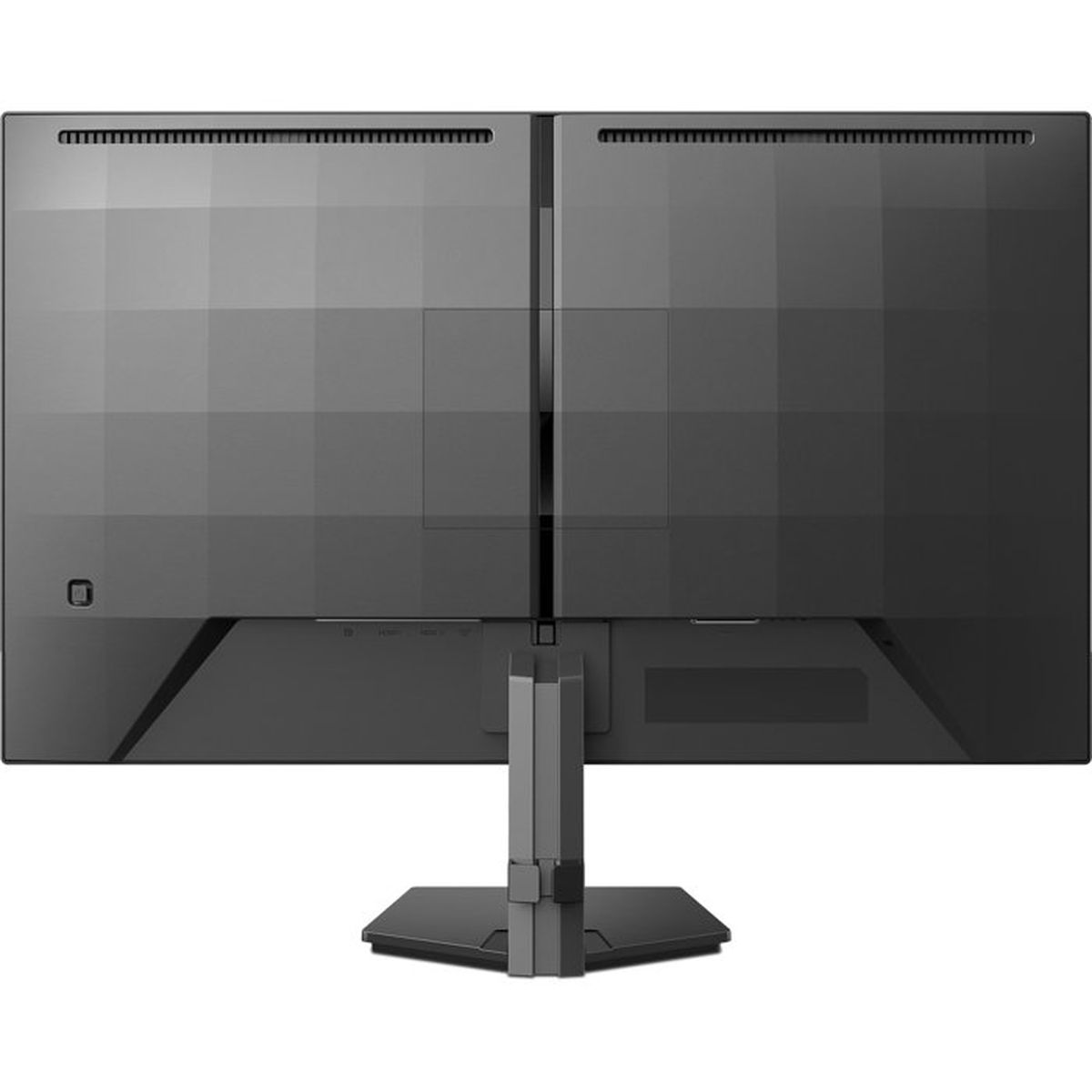 Rückseite eines schwarzen Monitors mit zwei Bildschirmen, auf einem grauen Ständer.