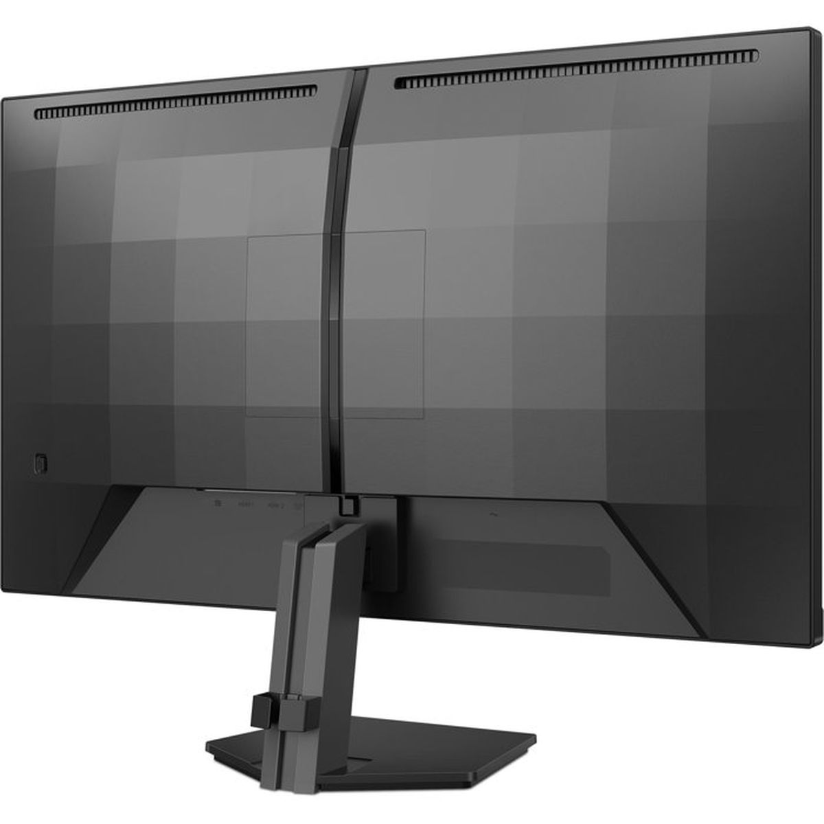 Rückansicht eines schwarzen Monitors mit Ständer und Lüftungsschlitzen. Anschlüsse sind sichtbar.