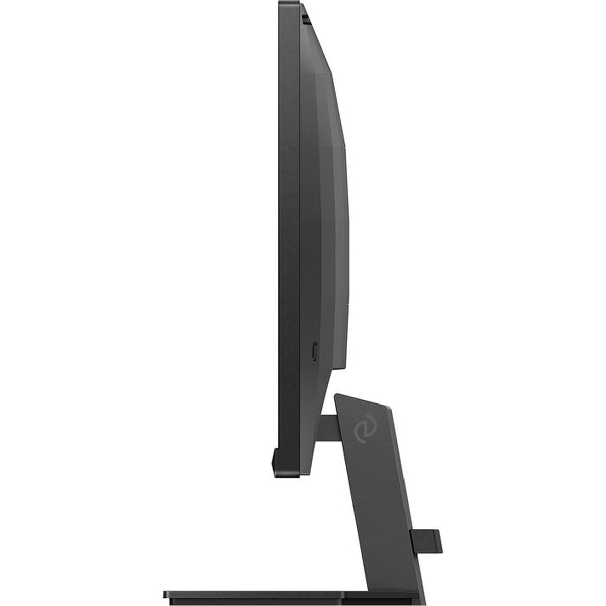 Eine dunkle Computermonitoransicht von der Seite, mit einem schlanken Ständer.