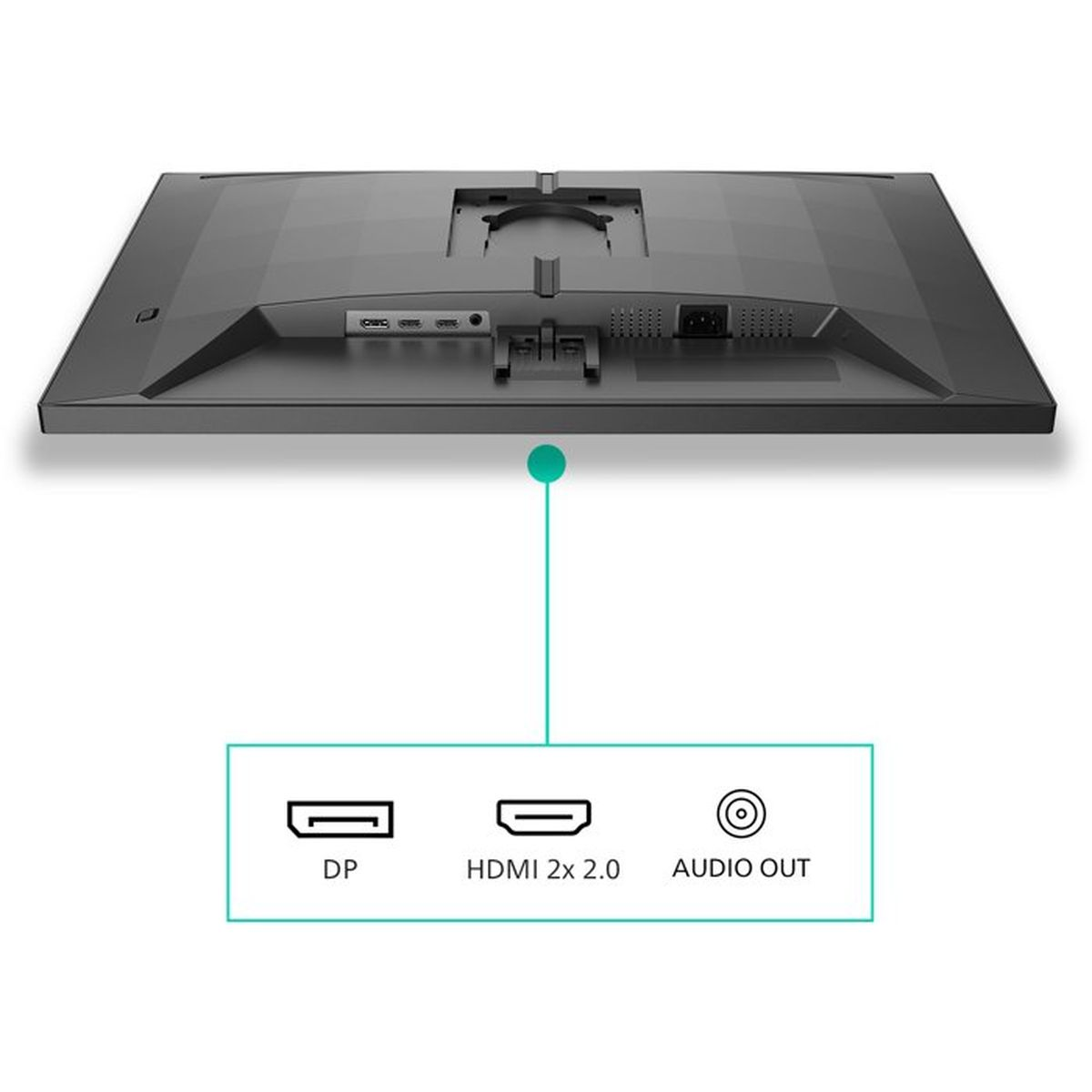 Rückseite eines Monitors mit Anschlüssen: DP, 2x HDMI 2.0, Audio Out.