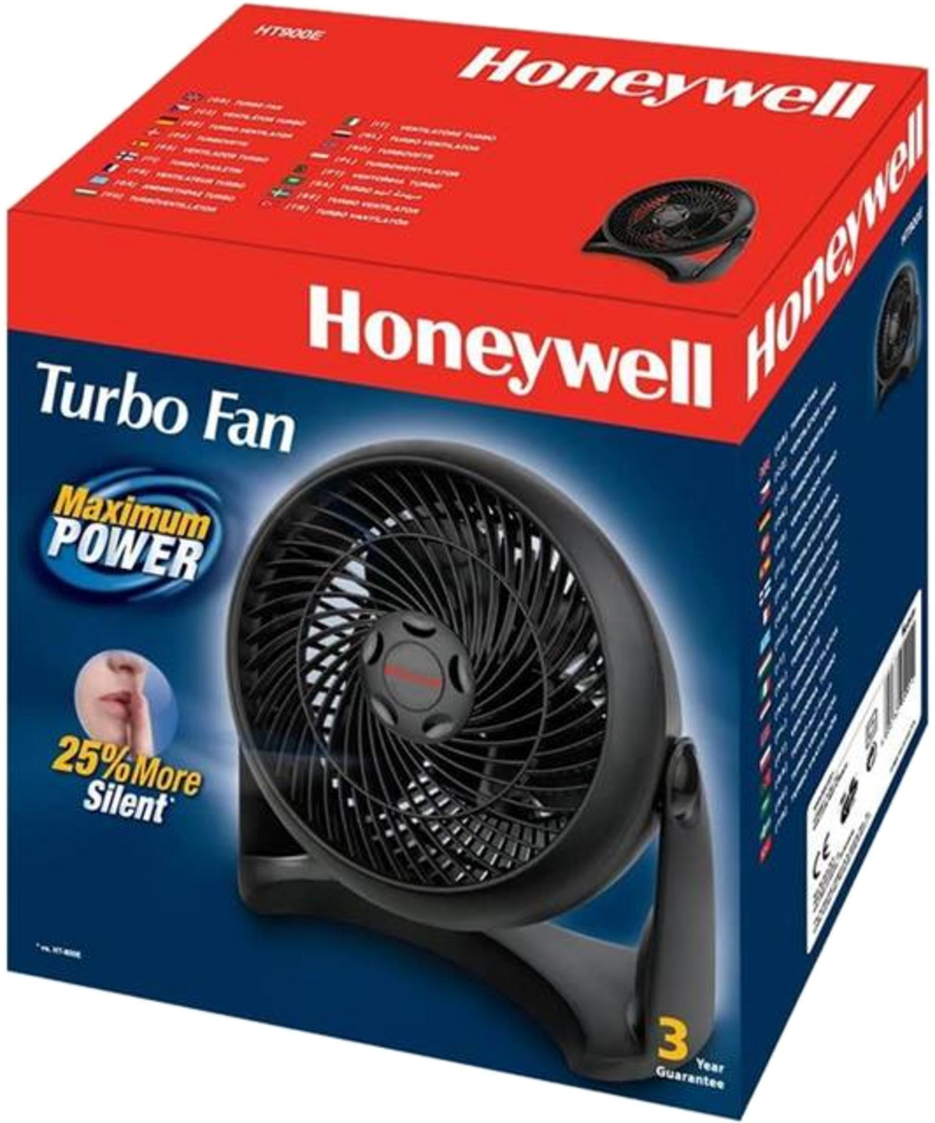 Pudełko Honeywell Turbo Fan z obrazem wentylatora. Tekst: Maksymalna moc, 25% ciszej.