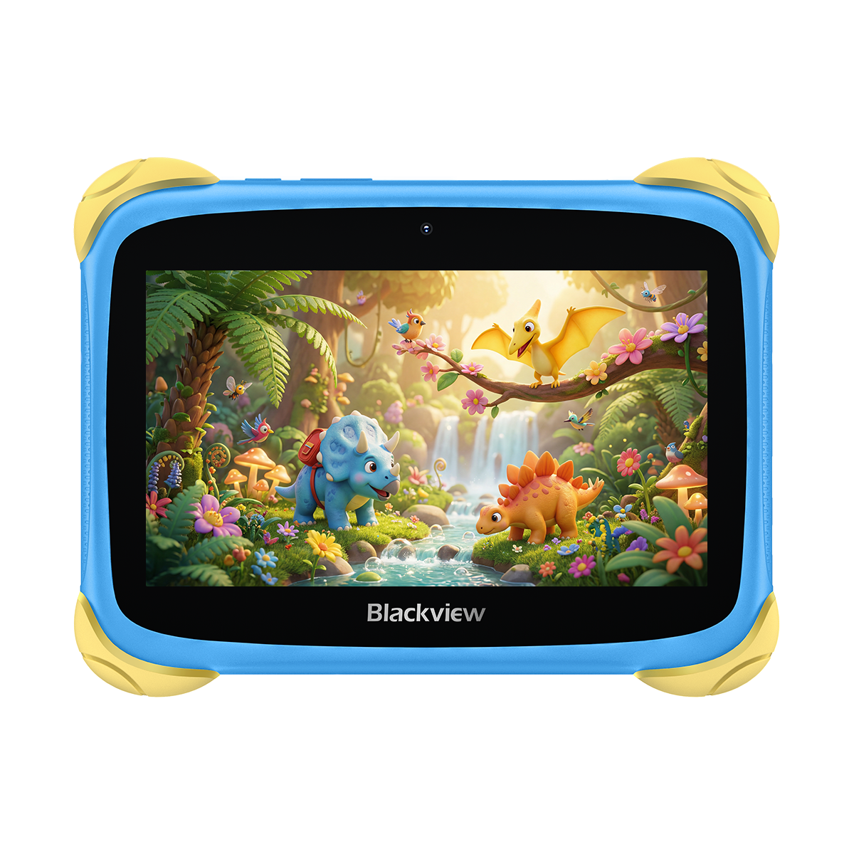 Una tableta azul con esquinas amarillas muestra una escena de jungla de dibujos animados con dinosaurios y una cascada.