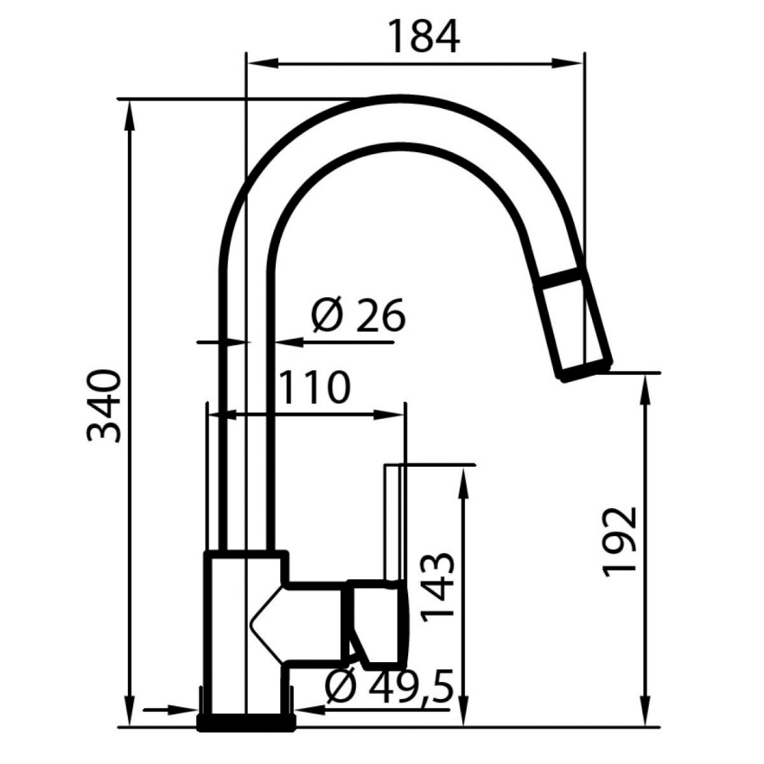 Disegno tecnico di un rubinetto con dimensioni. Altezza totale 340mm.