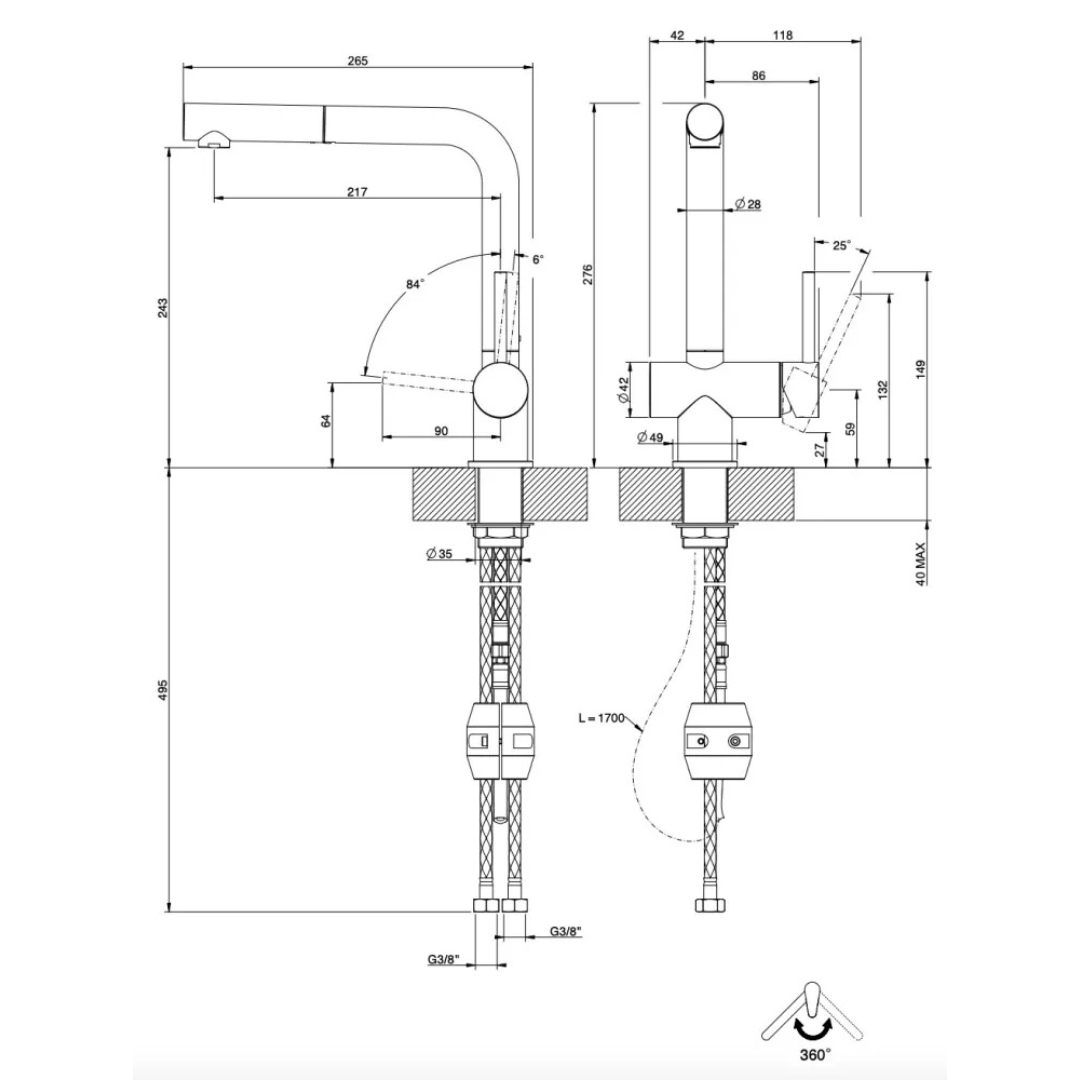 Disegno tecnico di due rubinetti con dimensioni e angoli. Un rubinetto ha un beccuccio estraibile.