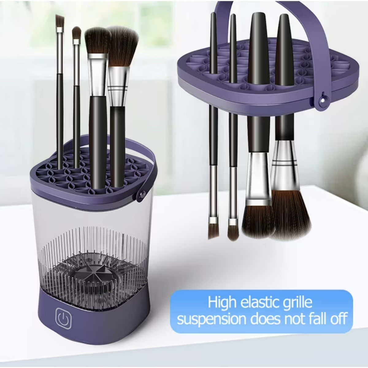 Ein violetter Make-up-Pinselreiniger mit Bürsten und einem Griff.
