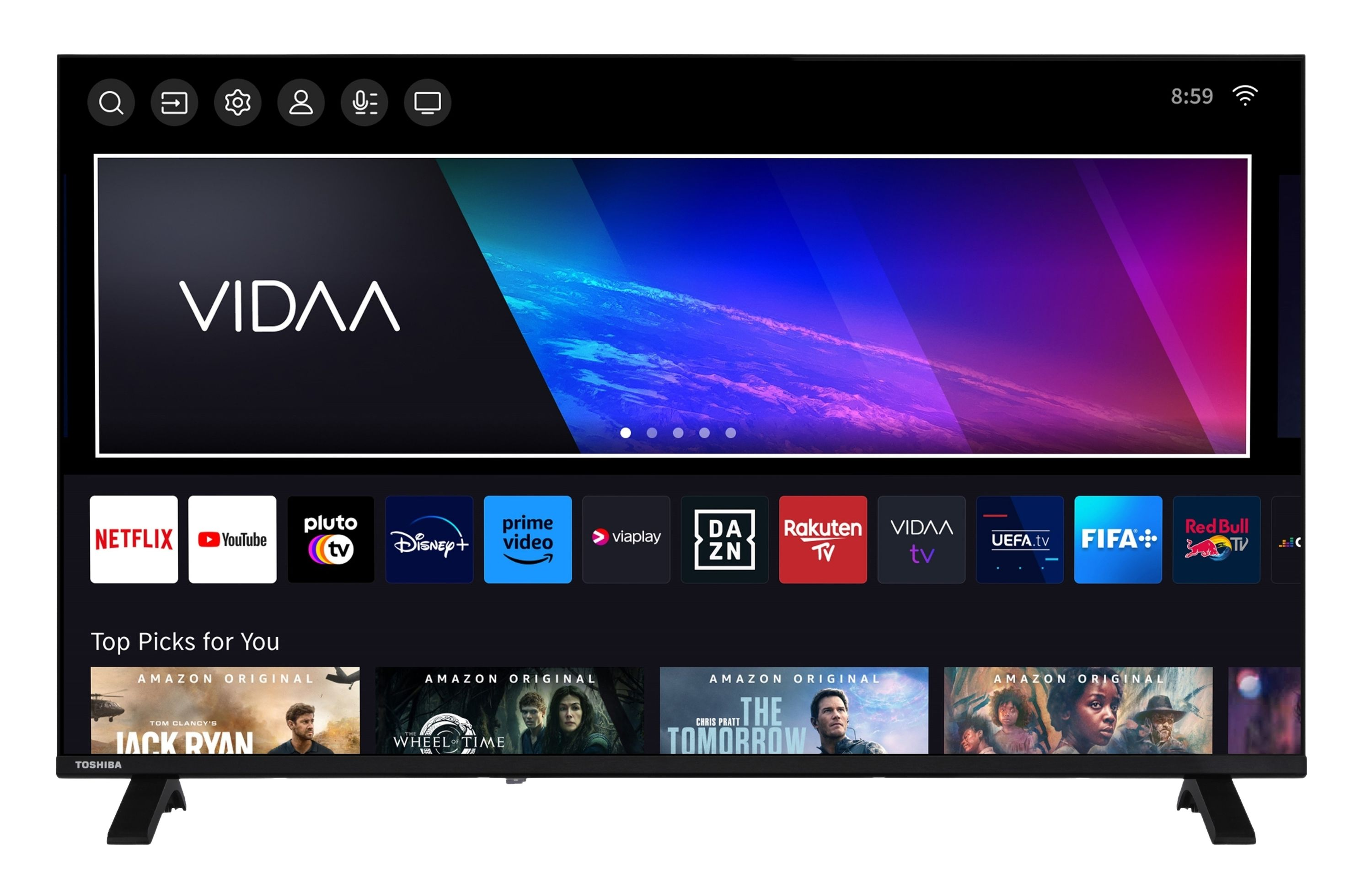 Toshiba Smart TV mit VIDAA-Oberfläche, App-Symbolen und Filmauswahl.