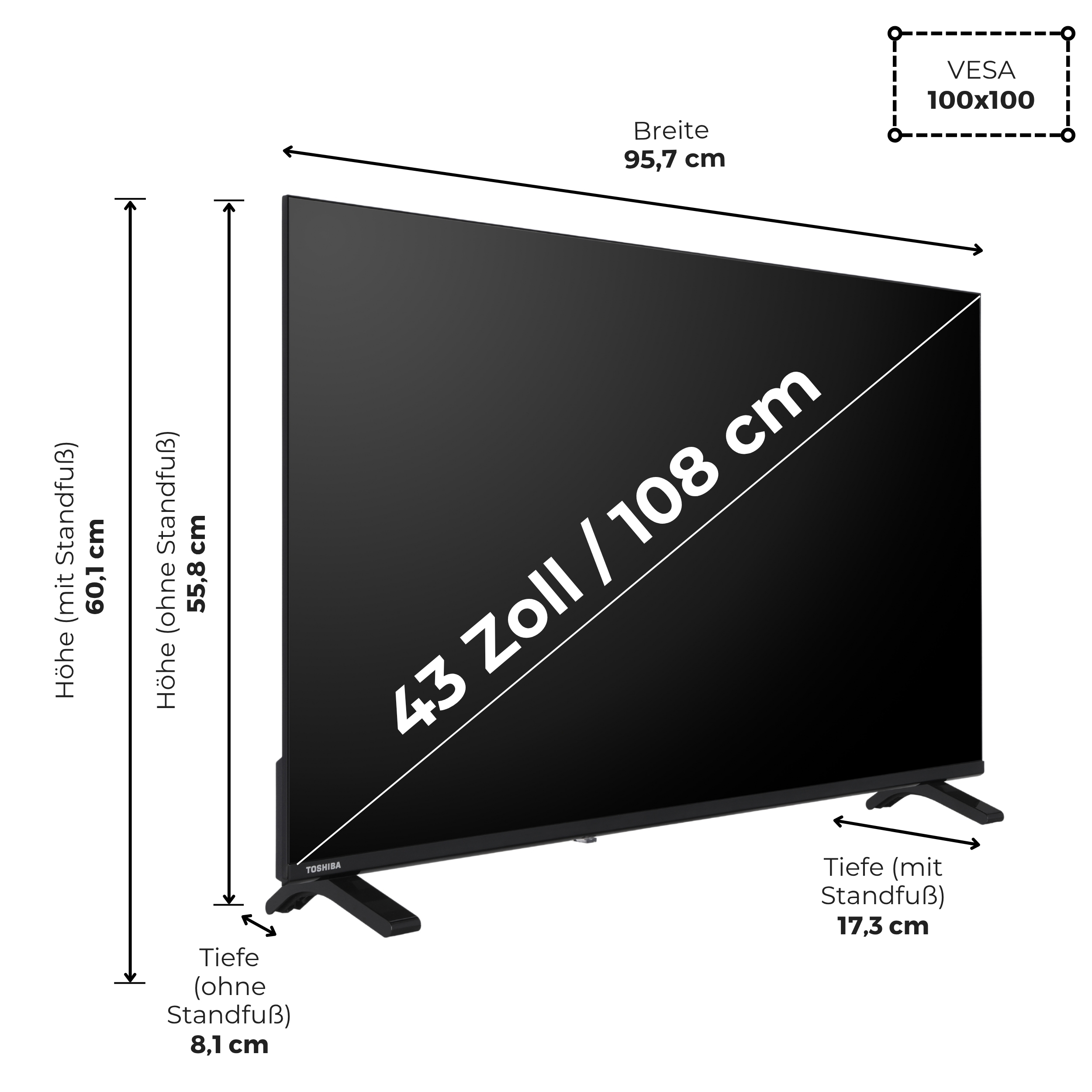 Ein schwarzer Toshiba Fernseher mit 43 Zoll (108 cm) Diagonale, Breite 95,7 cm.