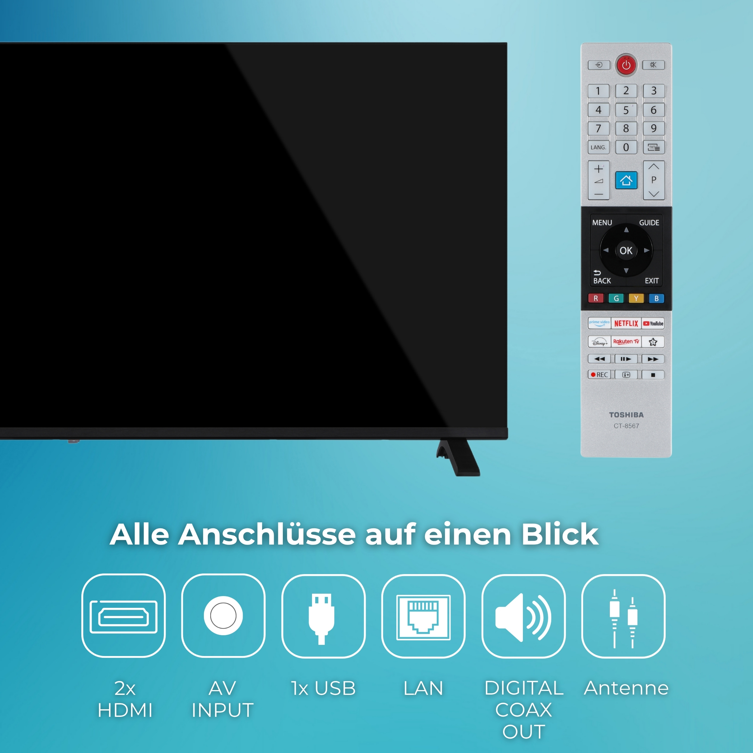 Toshiba Fernseher mit Fernbedienung und Anschlüssen: HDMI, AV, USB, LAN, Koax, Antenne.