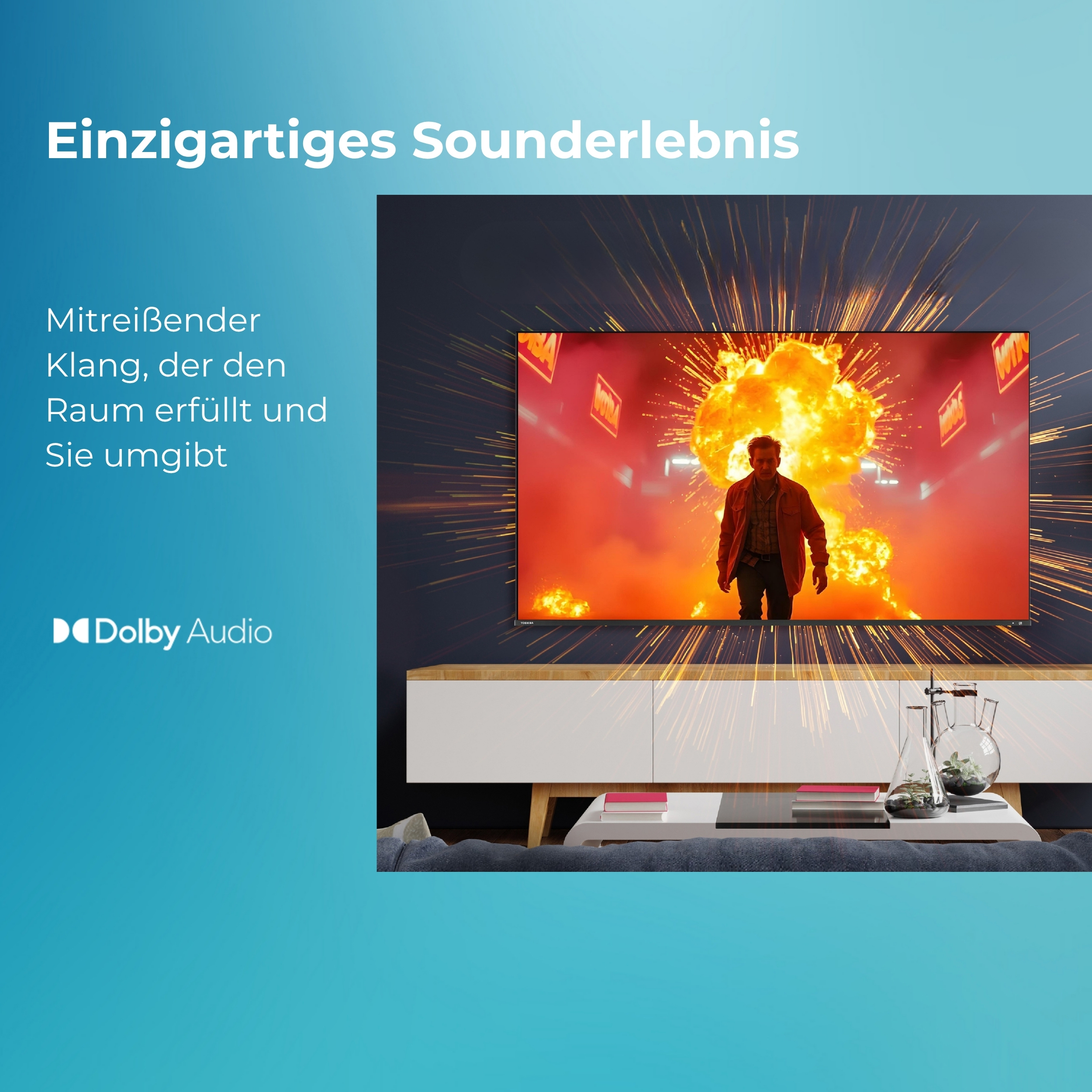 Ein Fernseher zeigt eine Explosion. Links ist das Dolby Audio Logo.