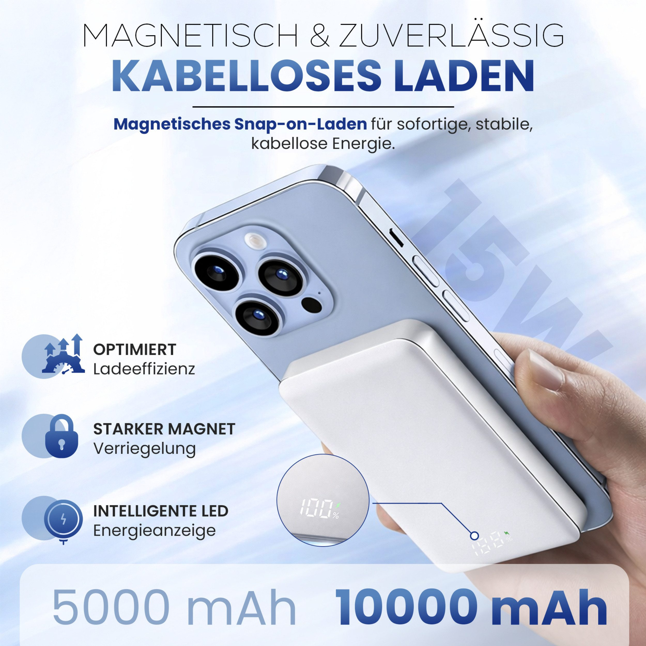 Ein Smartphone wird magnetisch mit einem weißen Ladegerät verbunden. 15W.