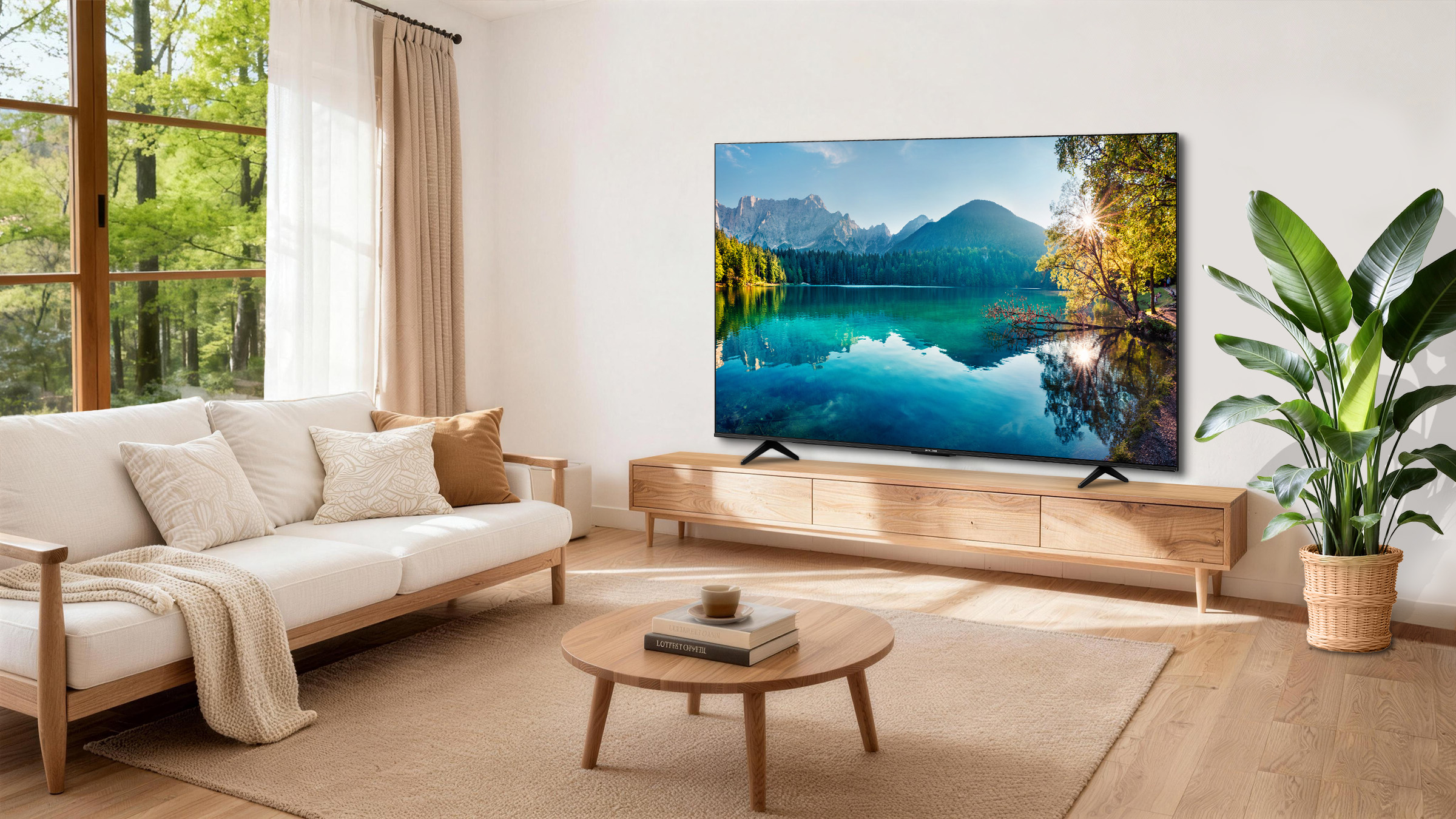 Ein helles Wohnzimmer mit einem Sofa, einem Couchtisch und einem Fernseher, der eine Berglandschaft zeigt.