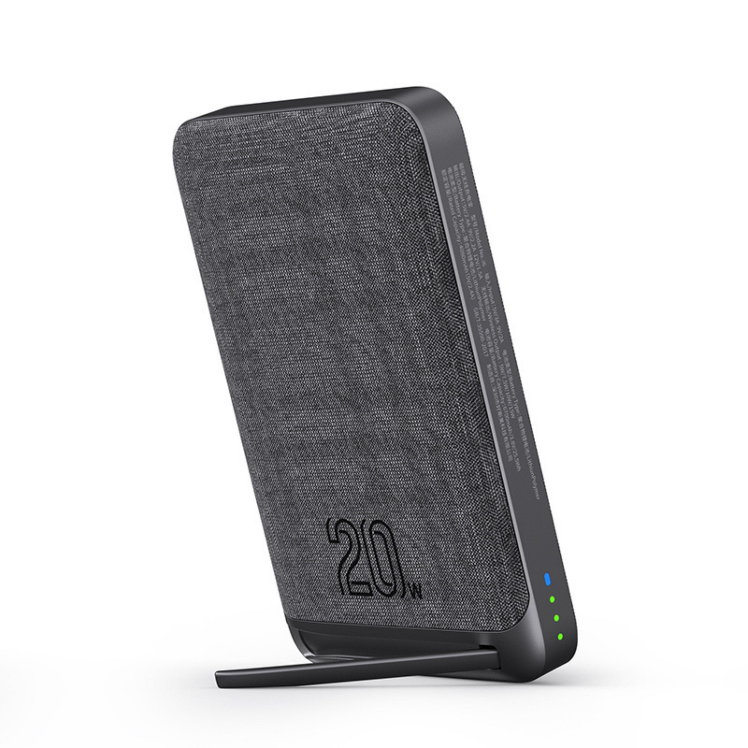 Grauer Stoff-Powerbank mit 20W-Logo, mit Ladeanzeige-LEDs und Ständer.