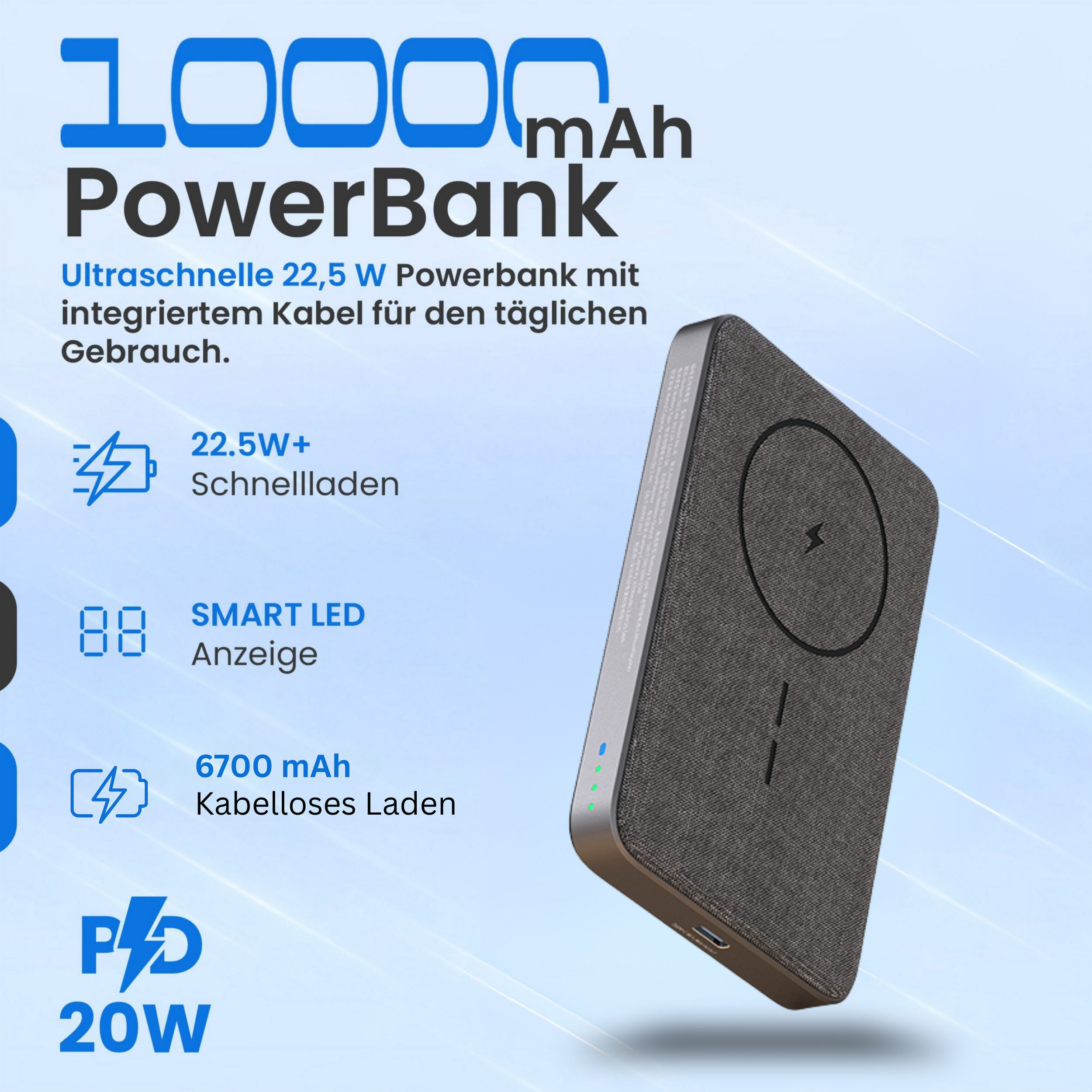 Graue Powerbank mit 10000 mAh, 22,5W Schnellladen, LED-Anzeige und 6700 mAh kabelloses Laden.