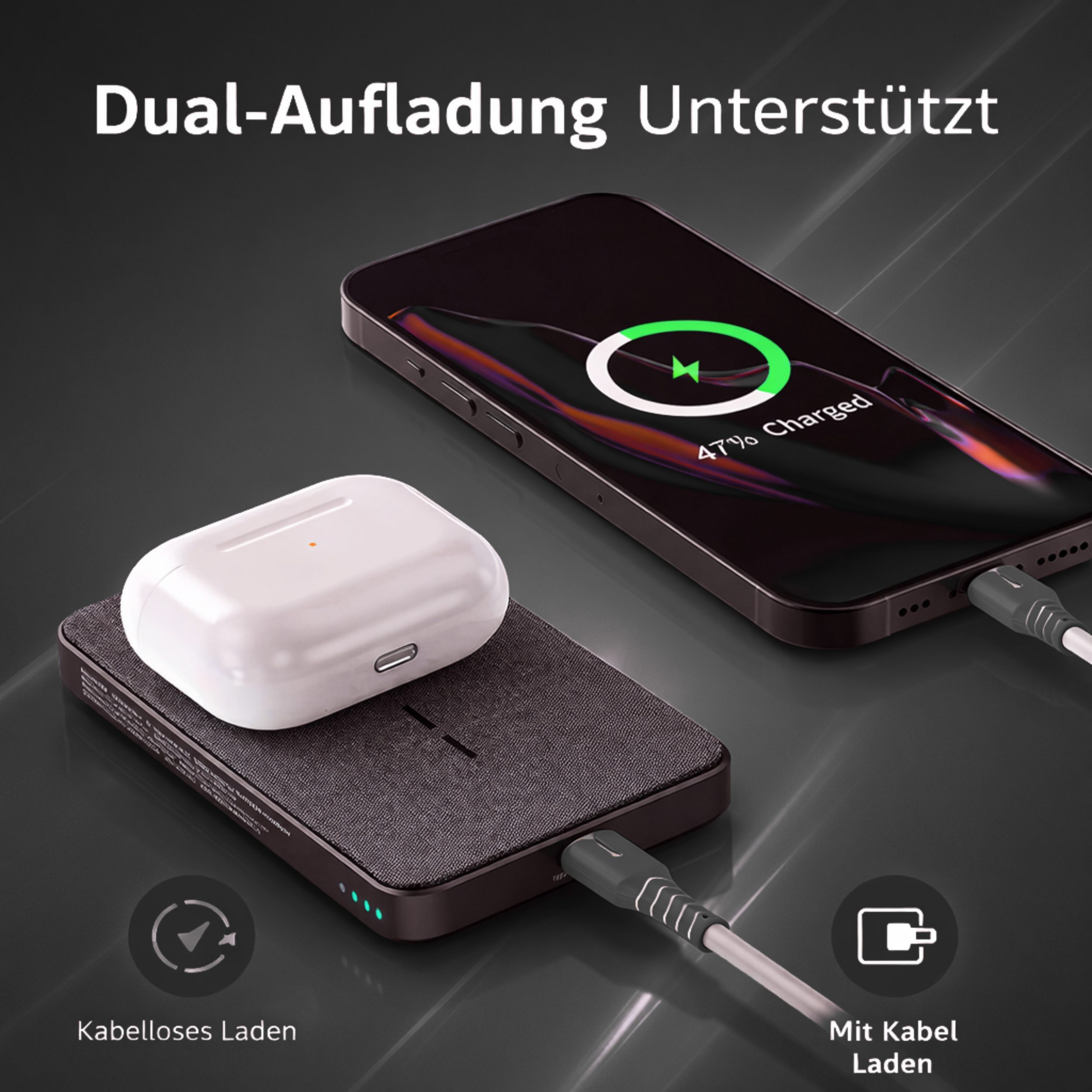 Ein Smartphone und Ohrhörer werden auf einem Ladegerät geladen.