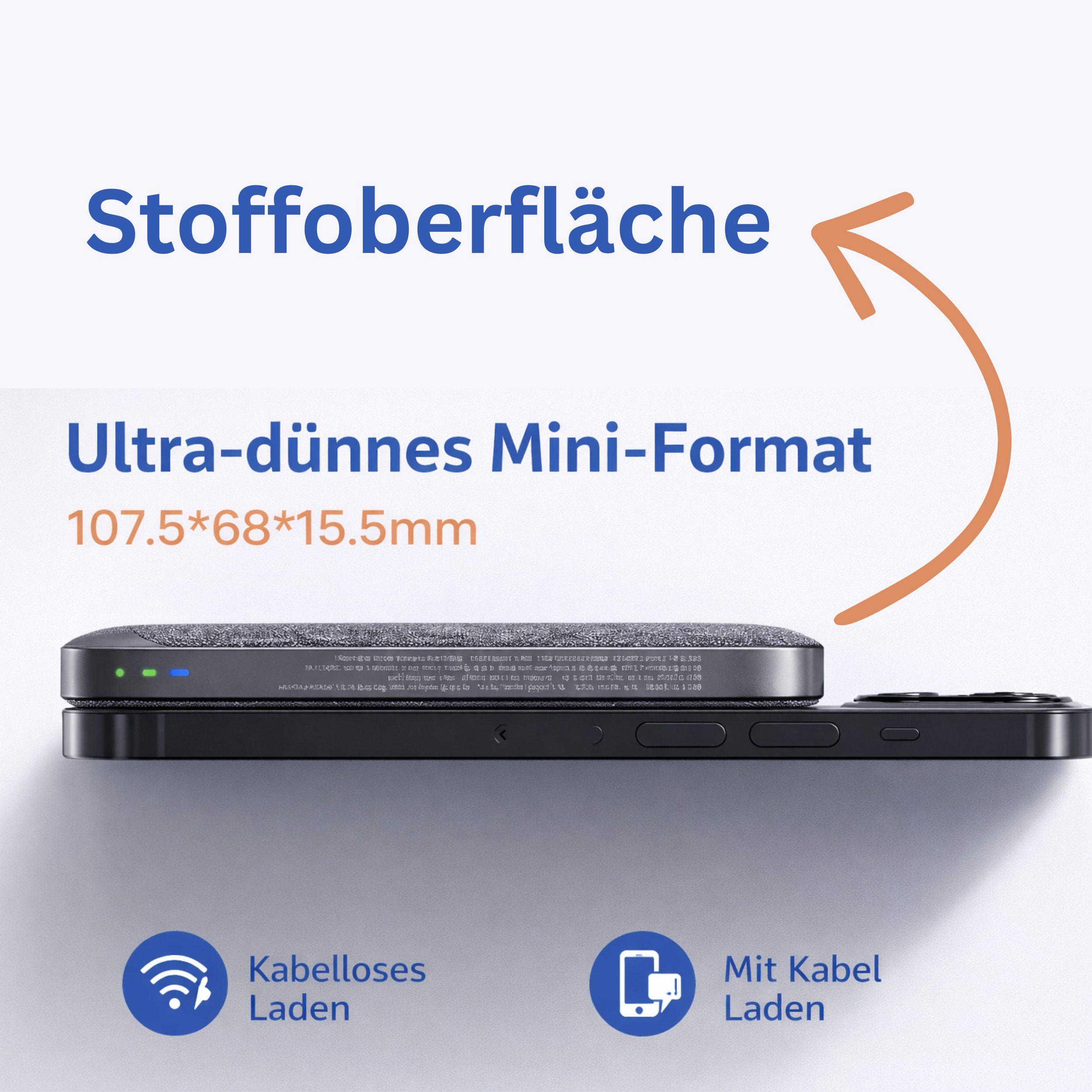 Ein graues Ladegerät liegt auf einem Smartphone. Beinhaltet Icons für kabelloses Laden.