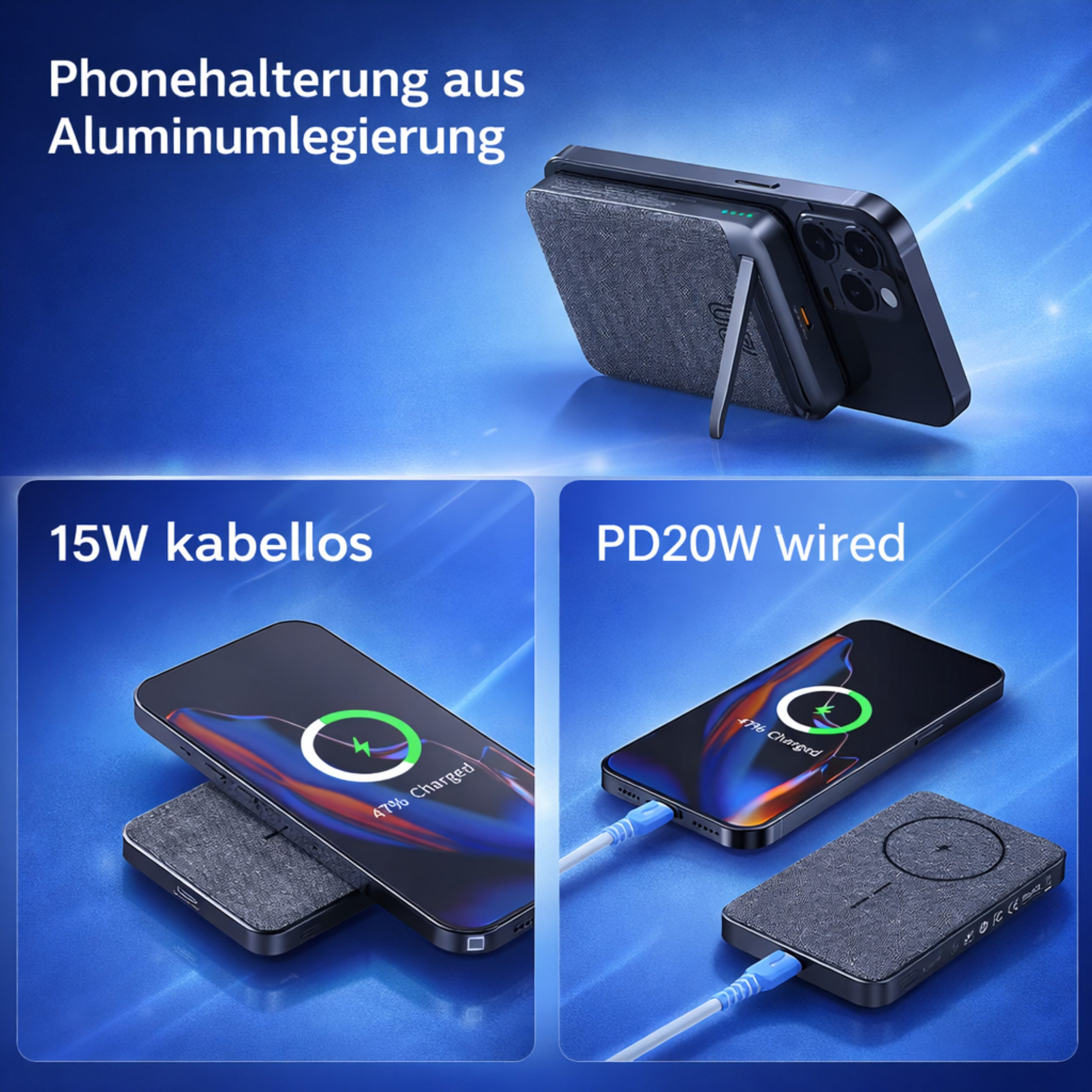 Ein iPhone wird kabellos und per Kabel geladen, auf einem blauen Hintergrund.