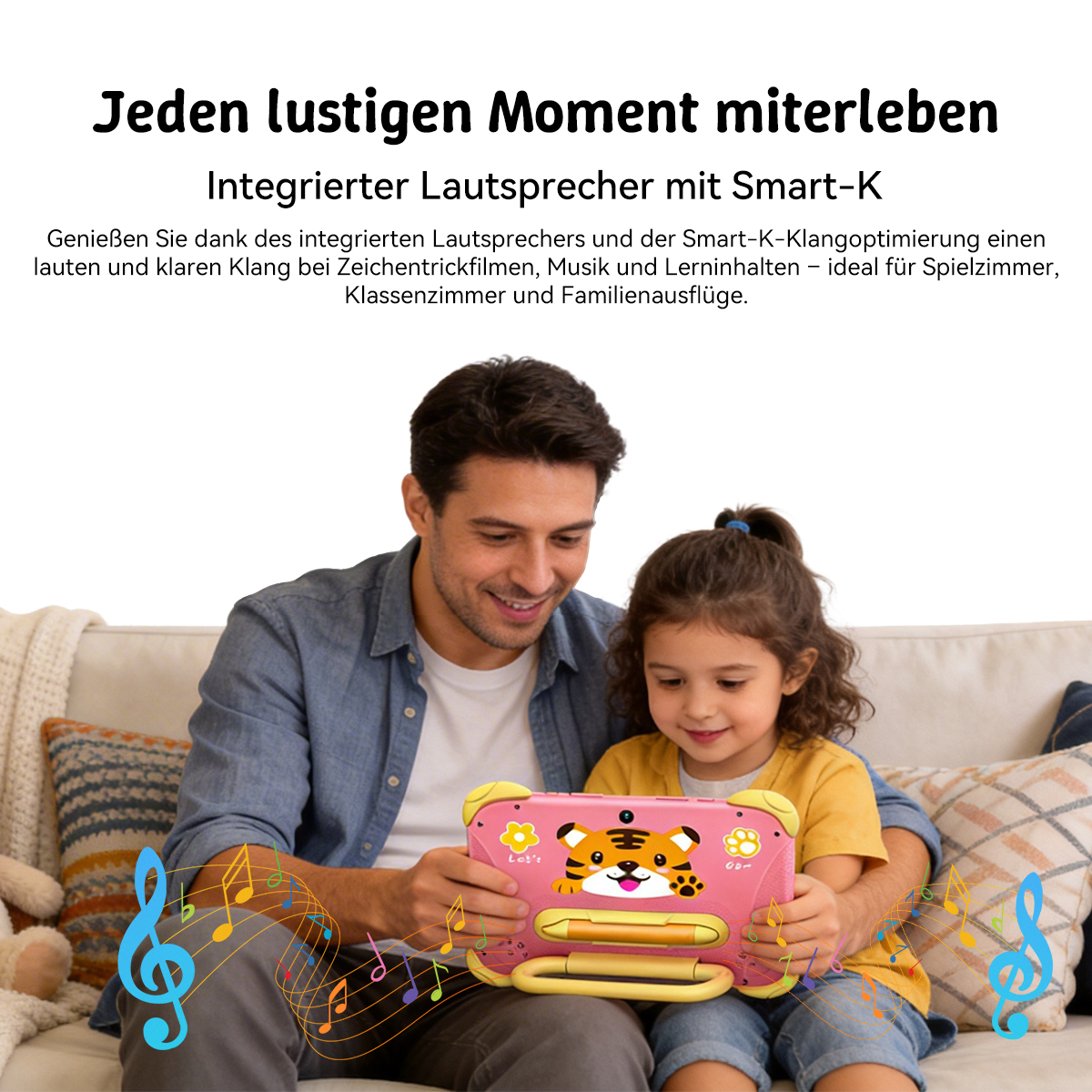 Vater und Tochter spielen mit einem rosa Tablet mit Tiger-Motiv, umgeben von Noten.