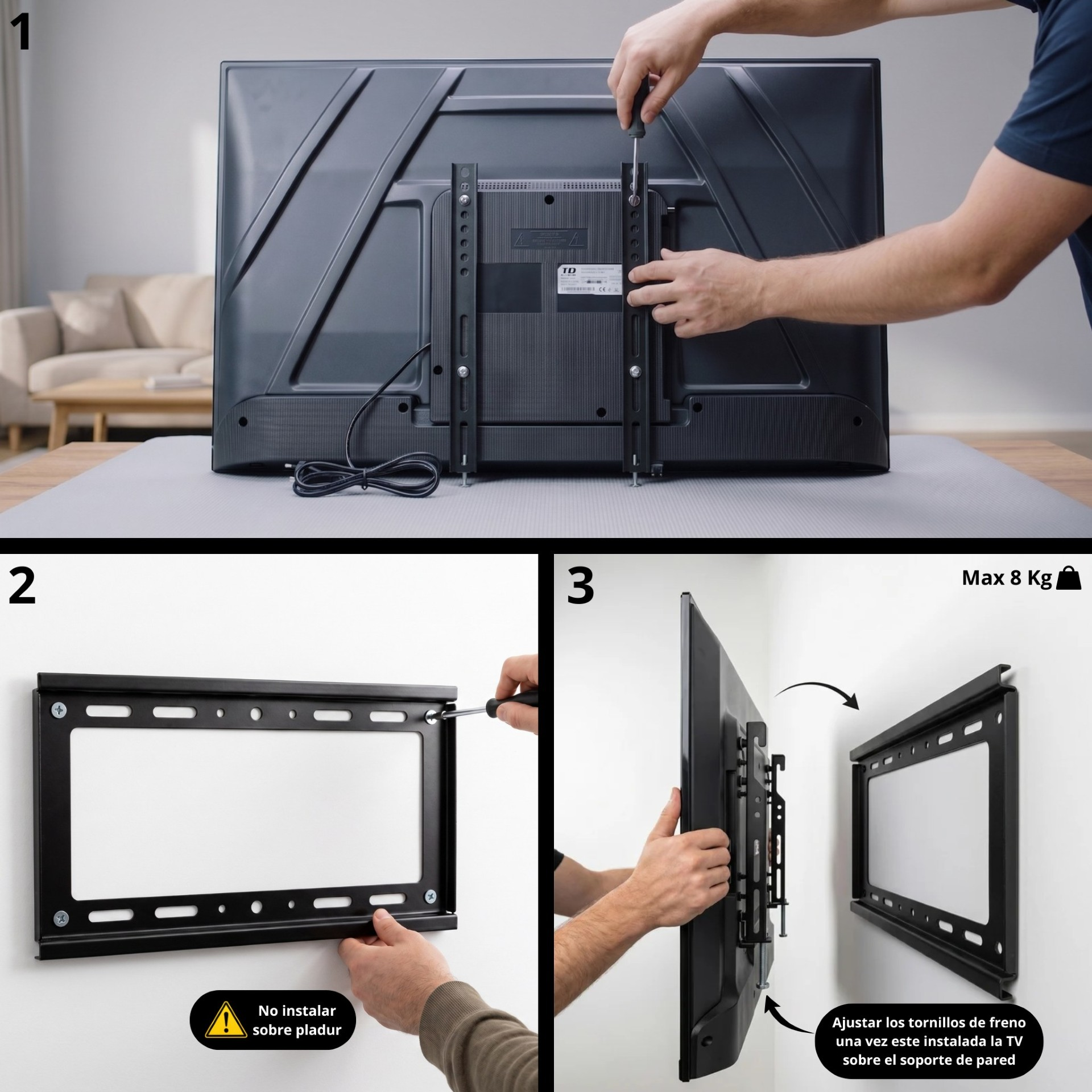 Instalación soporte TV pasos 1-3: fijando soporte a TV y pared.