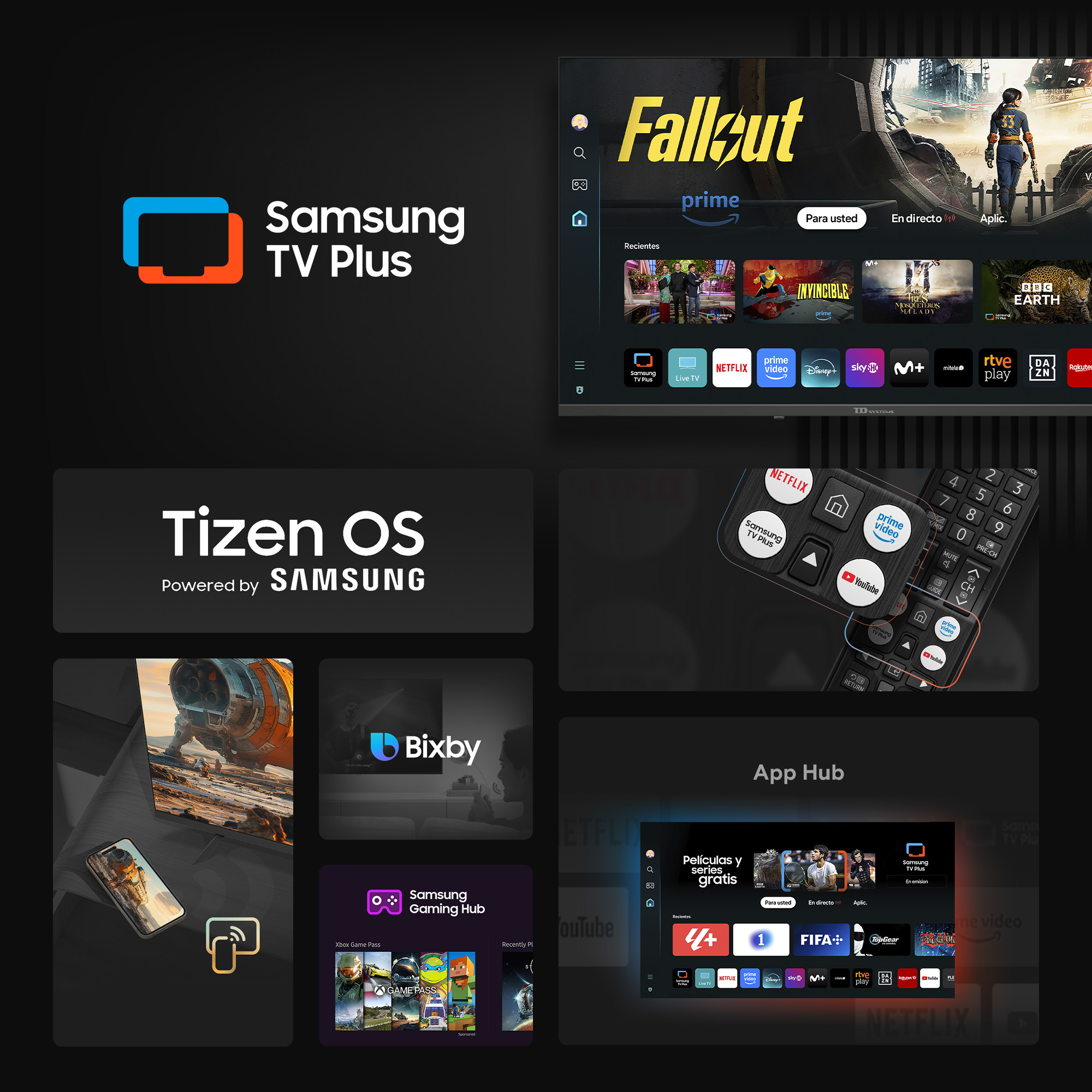 Samsung TV Plus con Tizen OS, mando y App Hub mostrando varias aplicaciones.