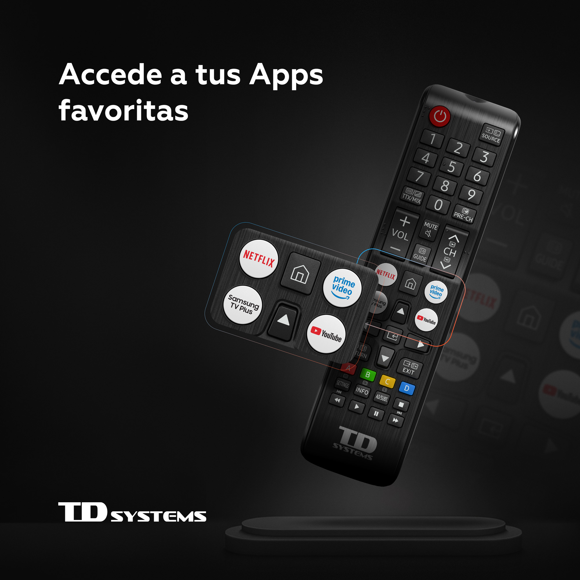 Mando negro con botones de aplicaciones: Netflix, Prime Video, YouTube.