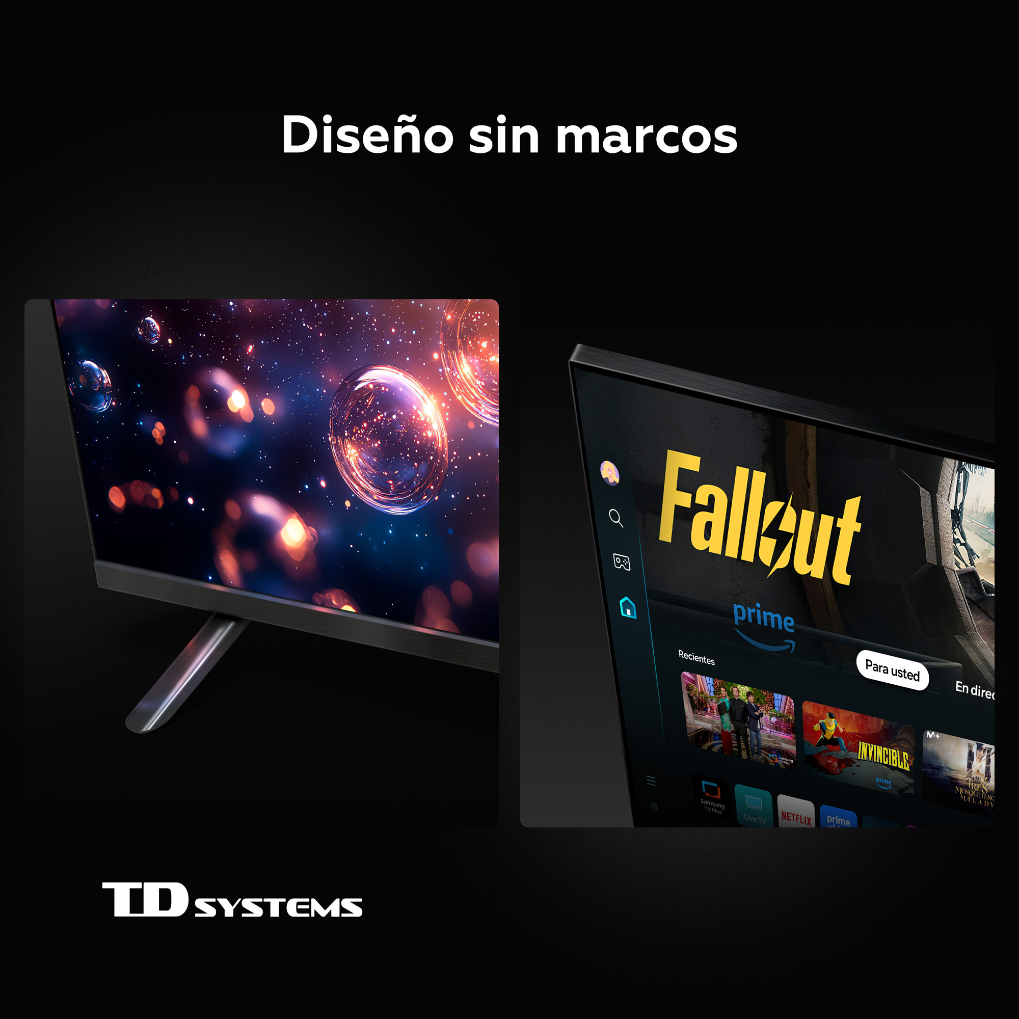 Dos televisores, uno con burbujas, el otro muestra la app Fallout.