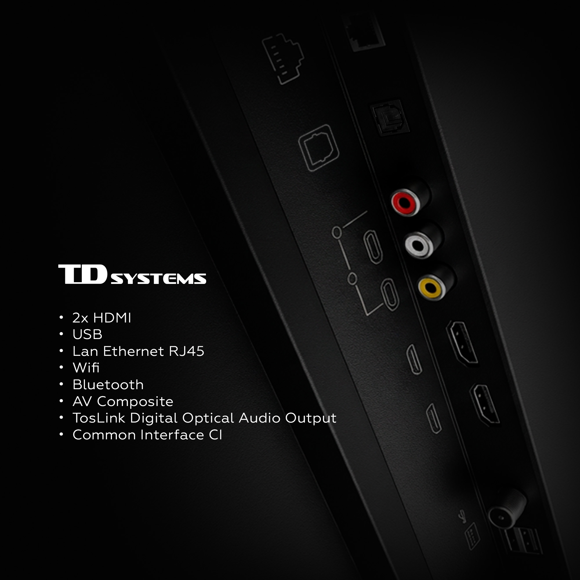 Parte trasera de un televisor con puertos y logo de TD SYSTEMS.