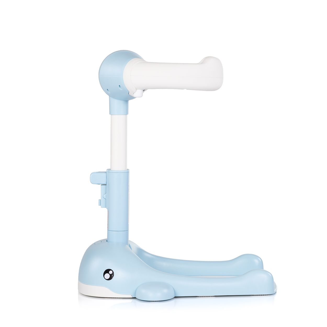 Ein blaues Toilettenpapierhalter in Walform mit weißer Rolle.