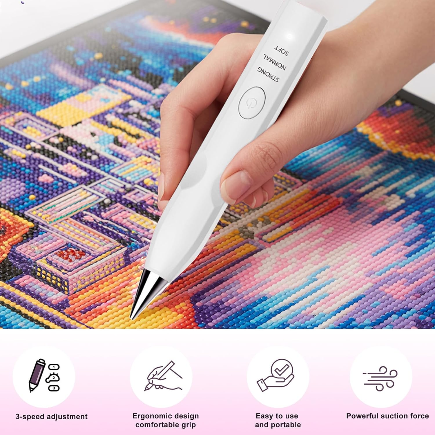 Hand hält einen Diamantmalstift über einem bunten Bild. 3 Geschwindigkeitsstufen.