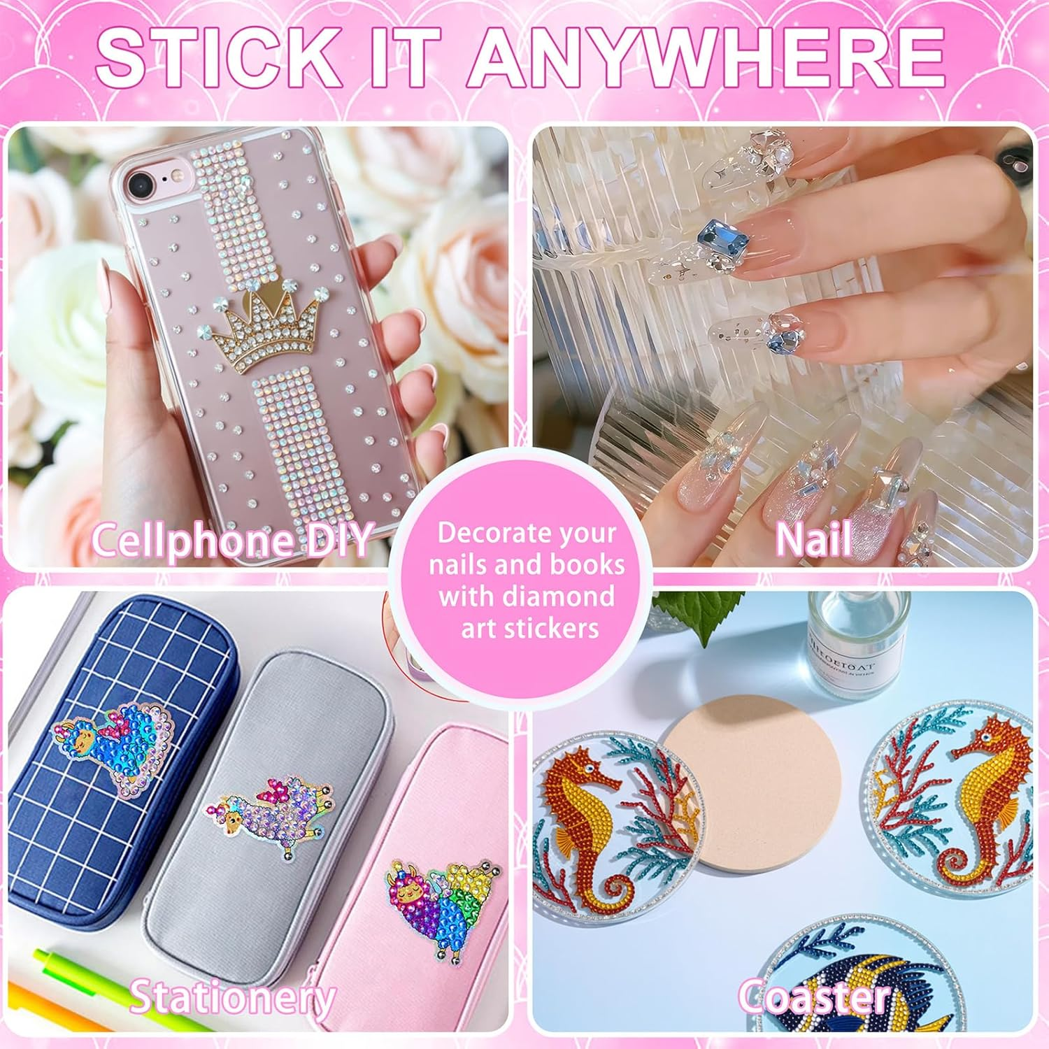 Collage zeigt Handyhülle, Nägel, Stifteetuis und Untersetzer mit Diamantkunst.