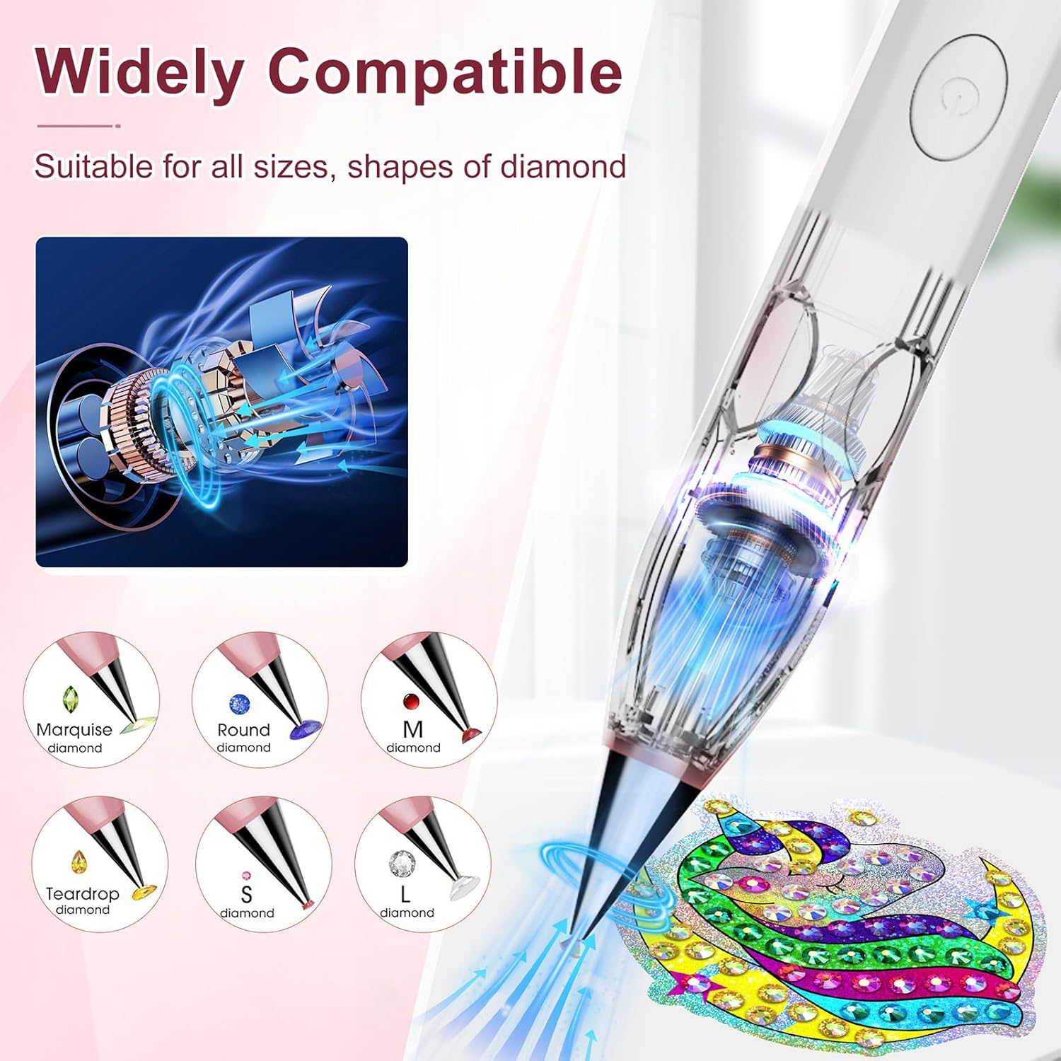Diamantmalstift mit verschiedenen Diamantformen und einem detaillierten Einhorndesign.