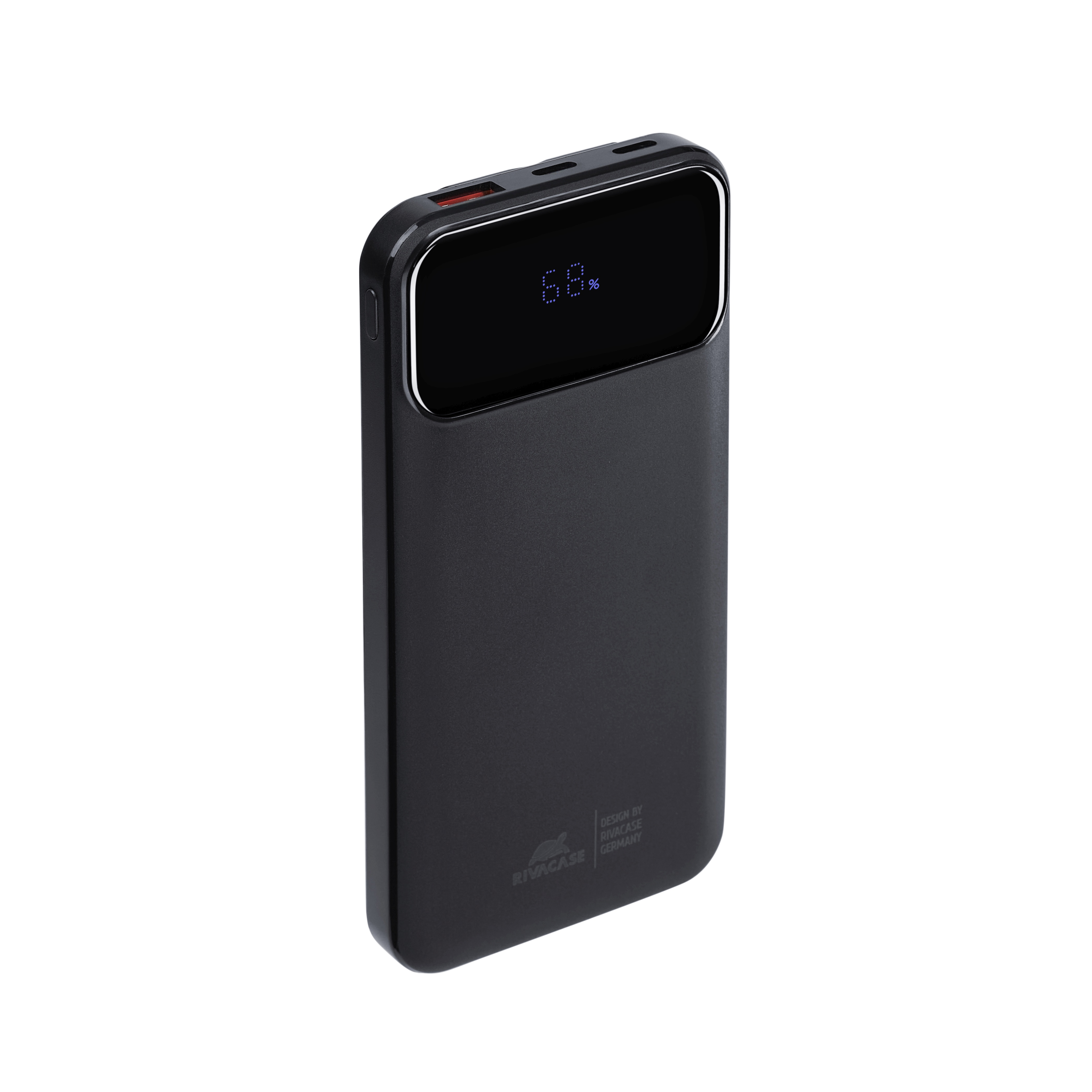 Zwarte powerbank met digitaal display dat 68% lading aangeeft.