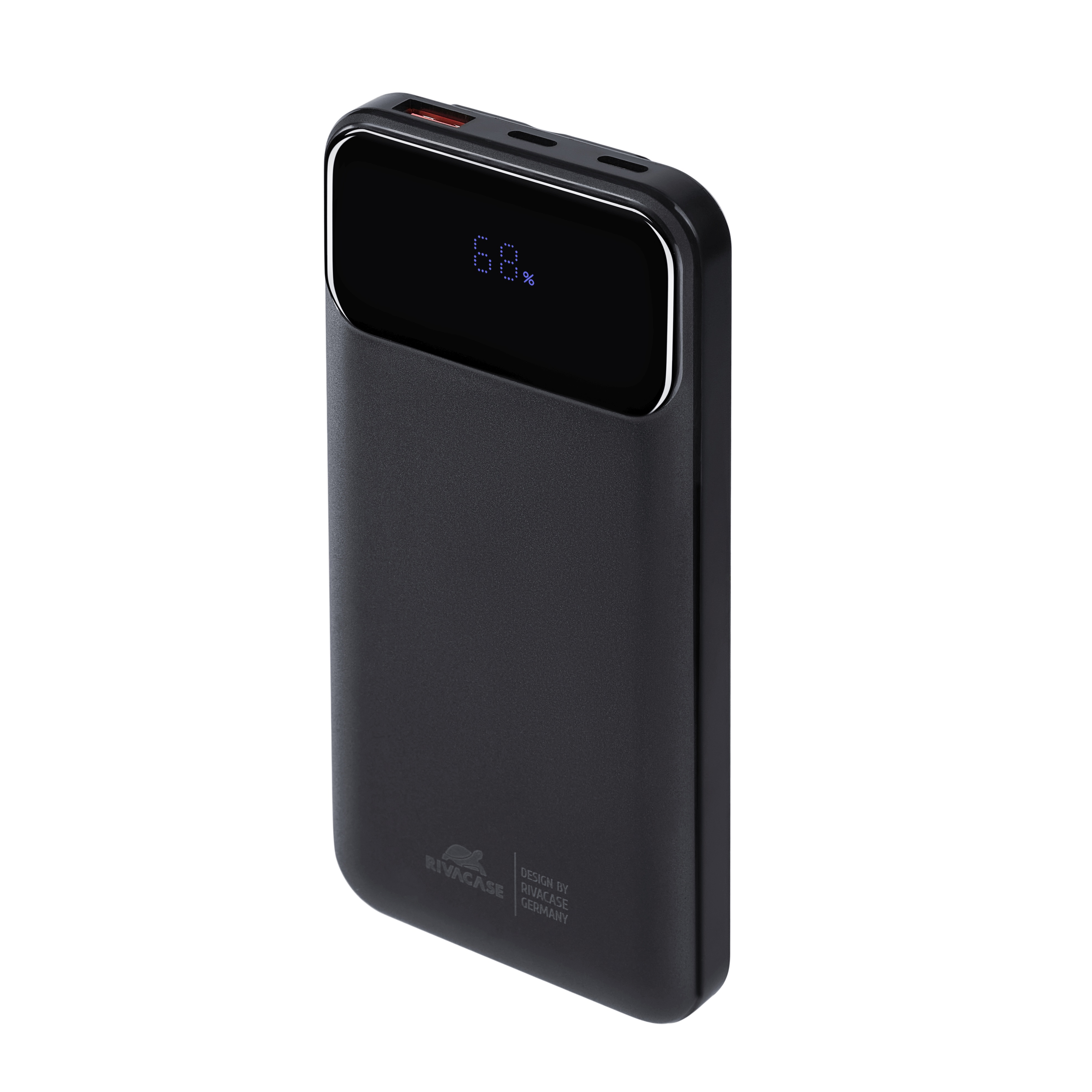 Zwarte powerbank met digitaal display, 68% lading.
