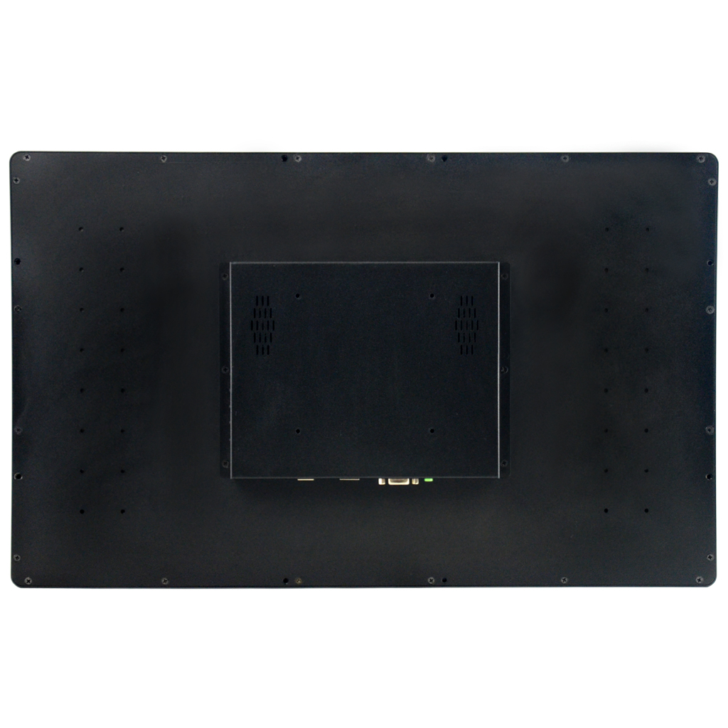 Parte posterior de un monitor negro mostrando puertos y ranuras de ventilación.