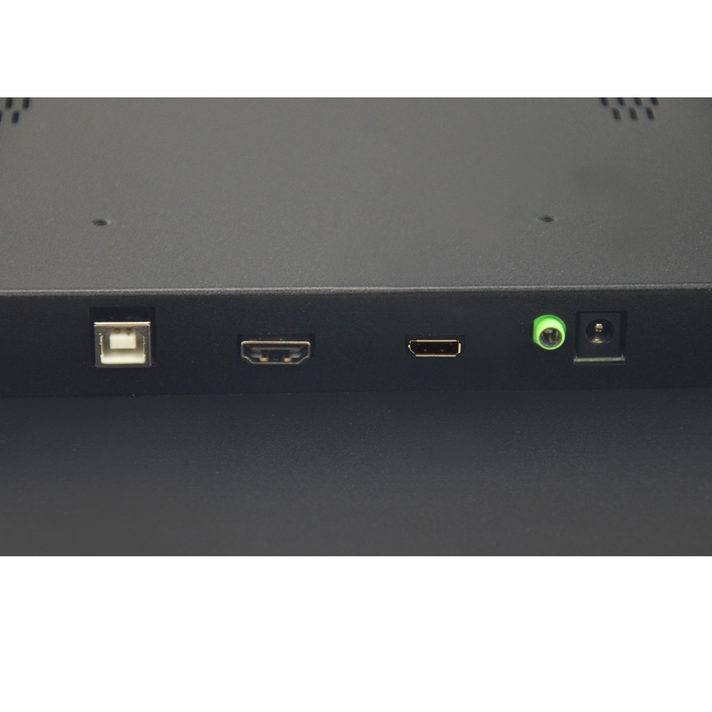 Panel de conexiones con puertos USB, HDMI, Mini-HDMI, audio y alimentación.