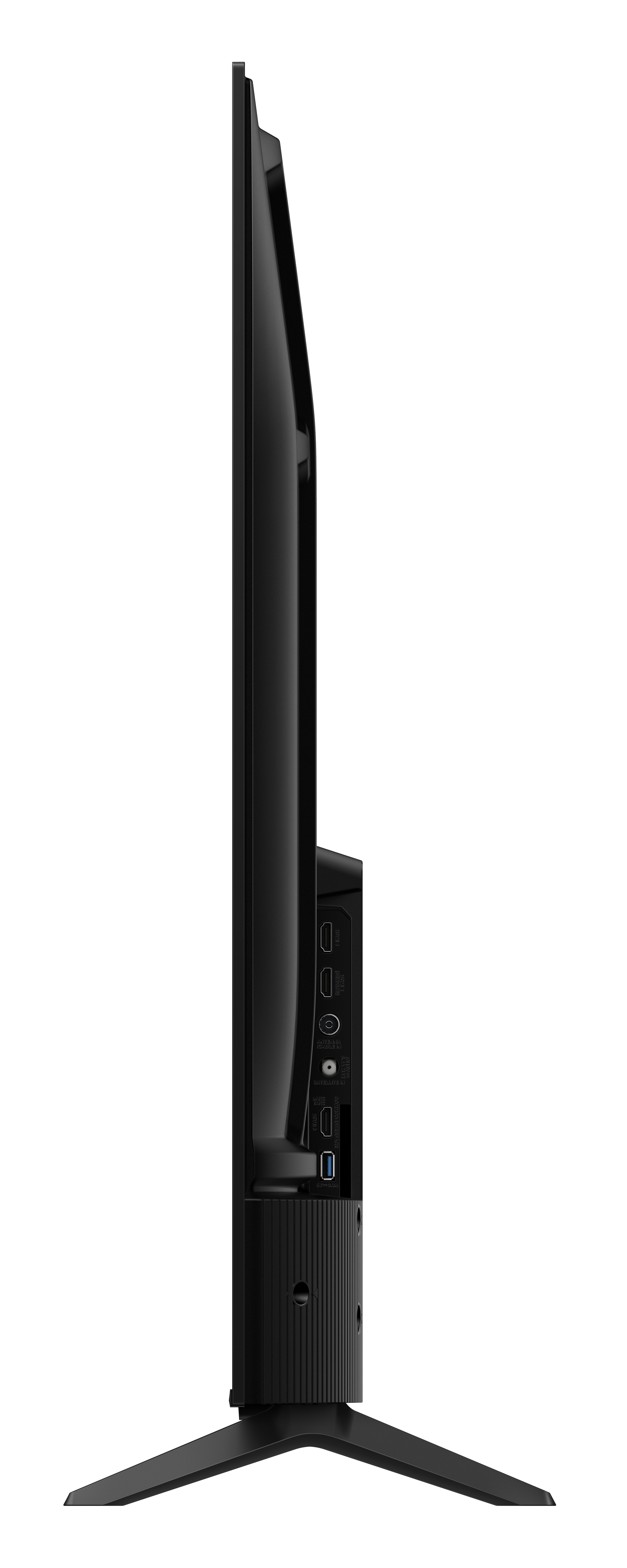 Schwarzer Fernseher von der Seite mit Anschlüssen und Ständer.